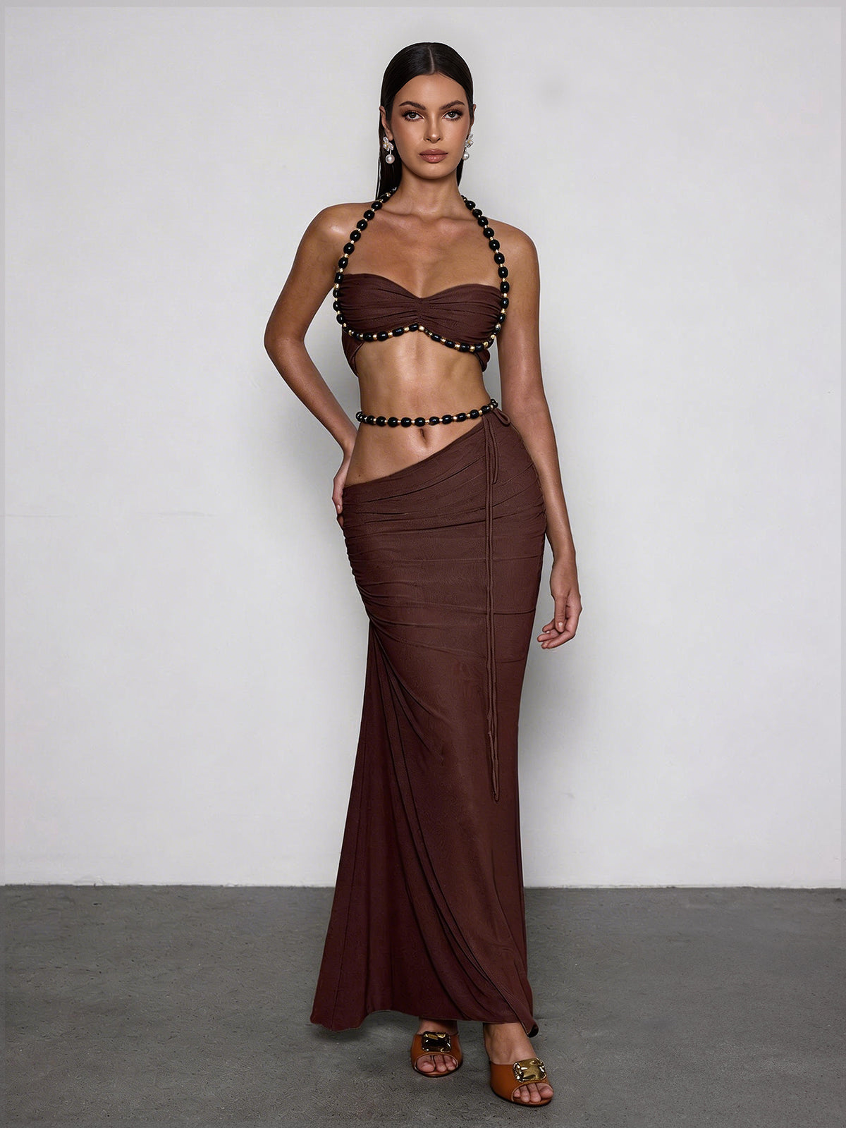 Eryna Halterneck Ruched Skirt Set In Coffee