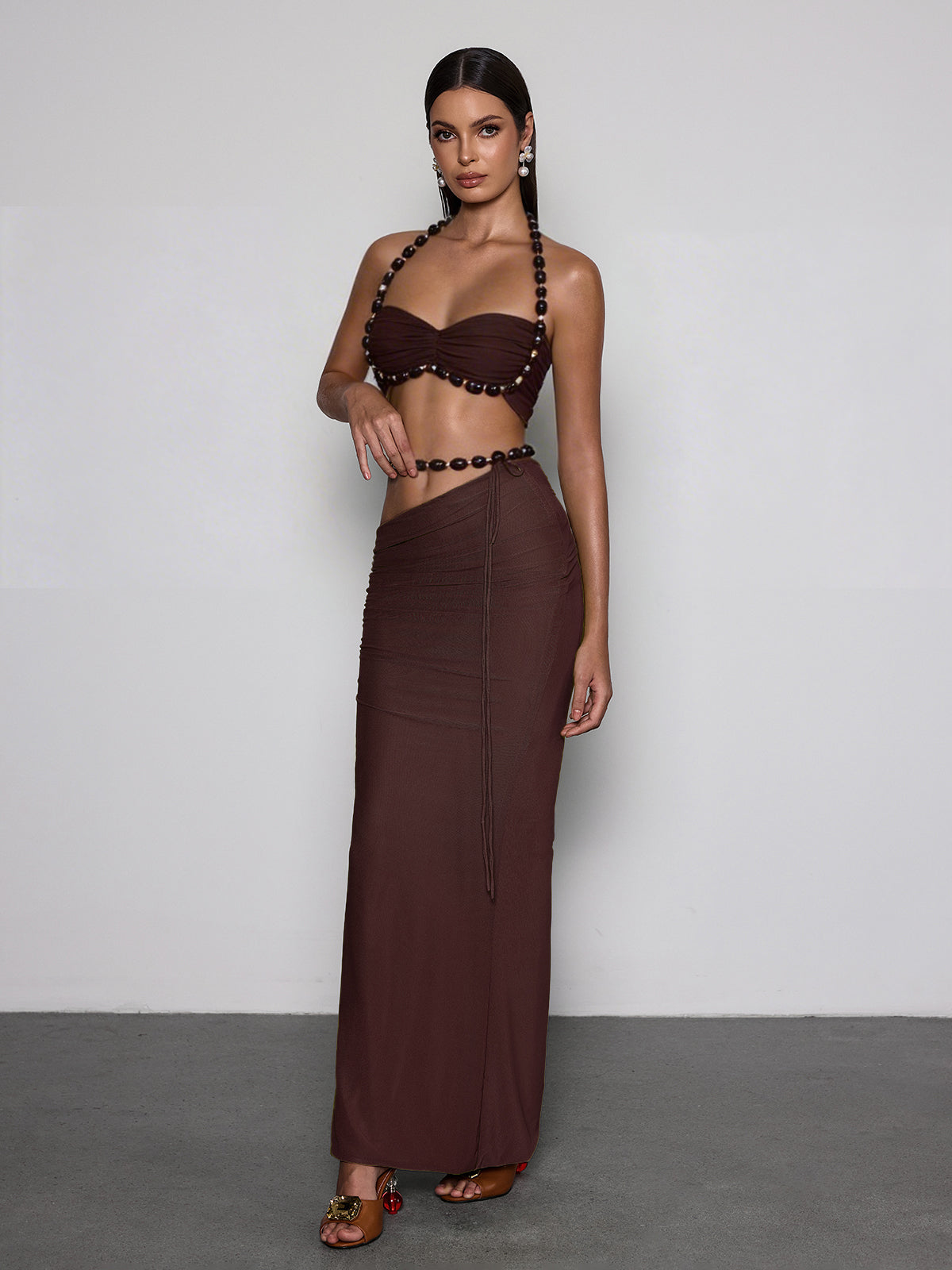 Eryna Halterneck Ruched Skirt Set In Coffee