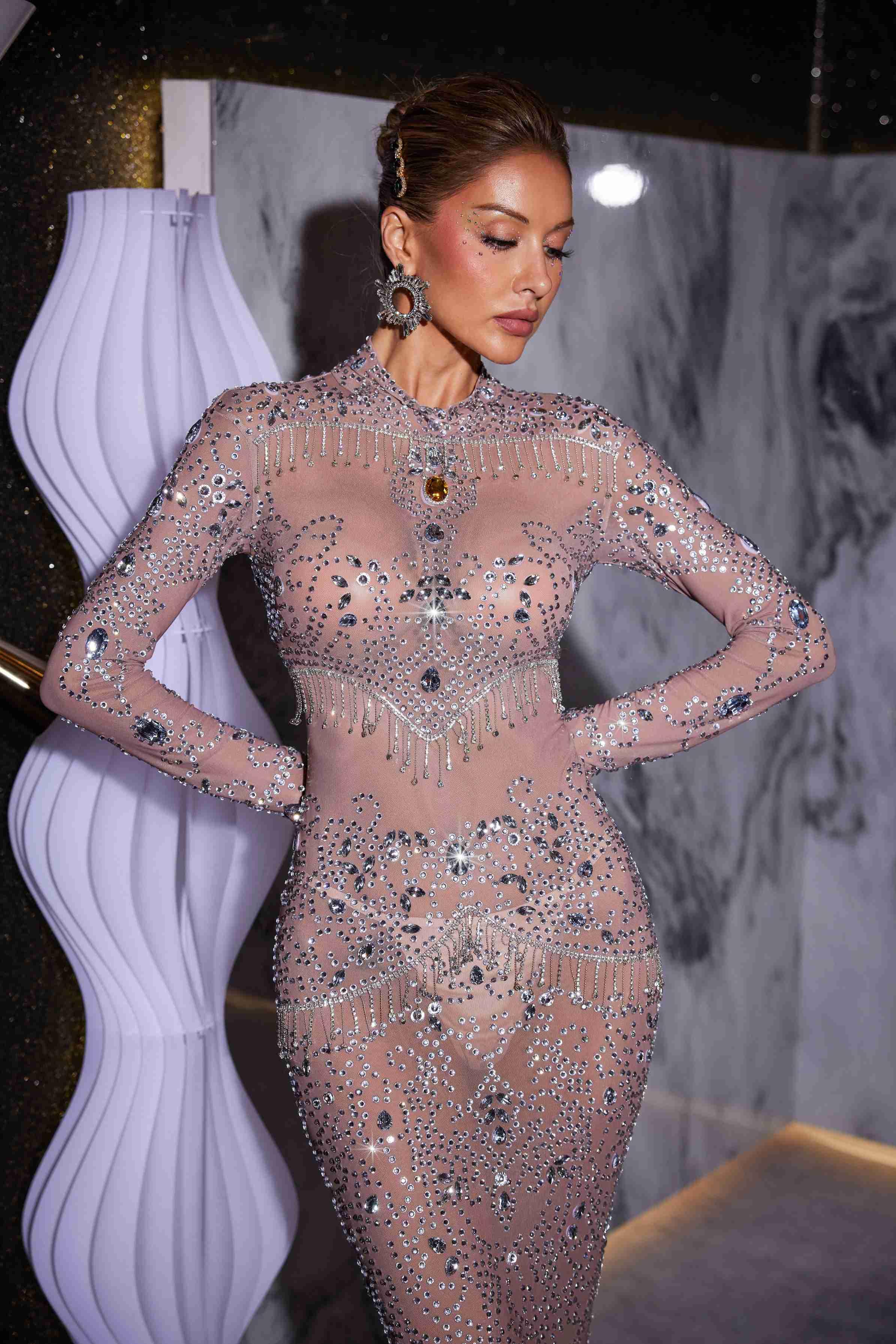 Alonzo Rhinestone Fringe Mesh Maxi Dress