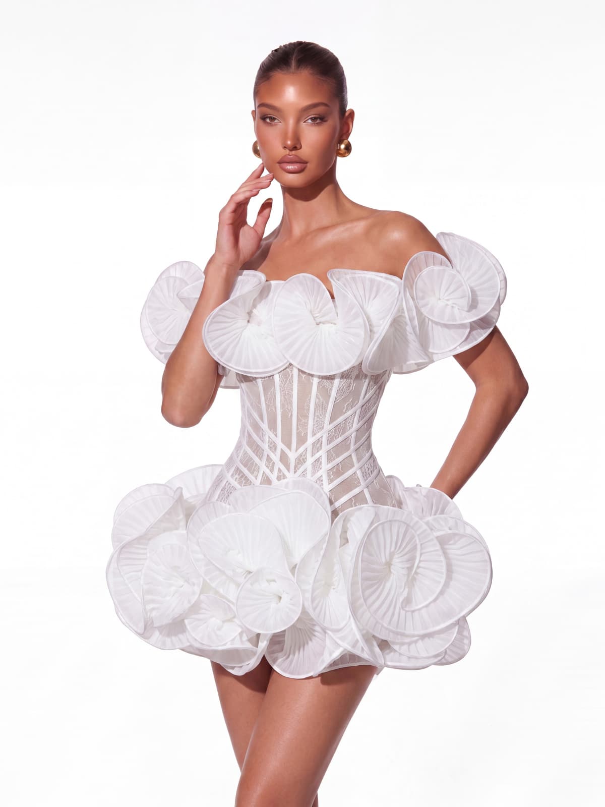 Auronis Off Shoulder Lace Flower Mini Dress