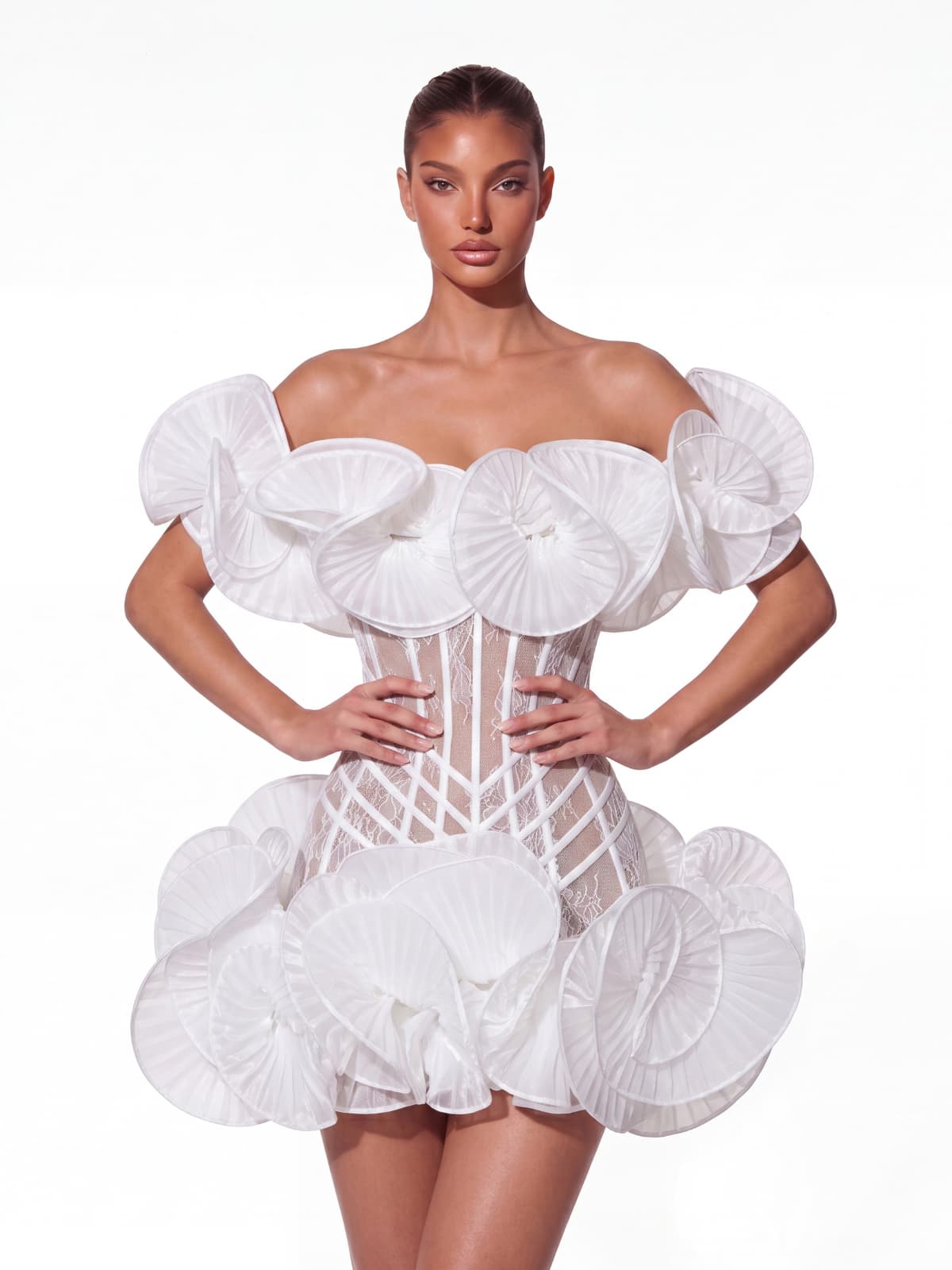 Auronis Off Shoulder Lace Flower Mini Dress