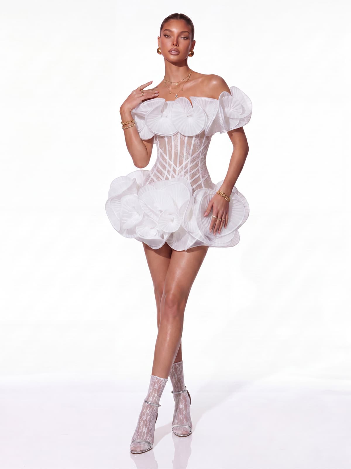 Auronis Off Shoulder Lace Flower Mini Dress
