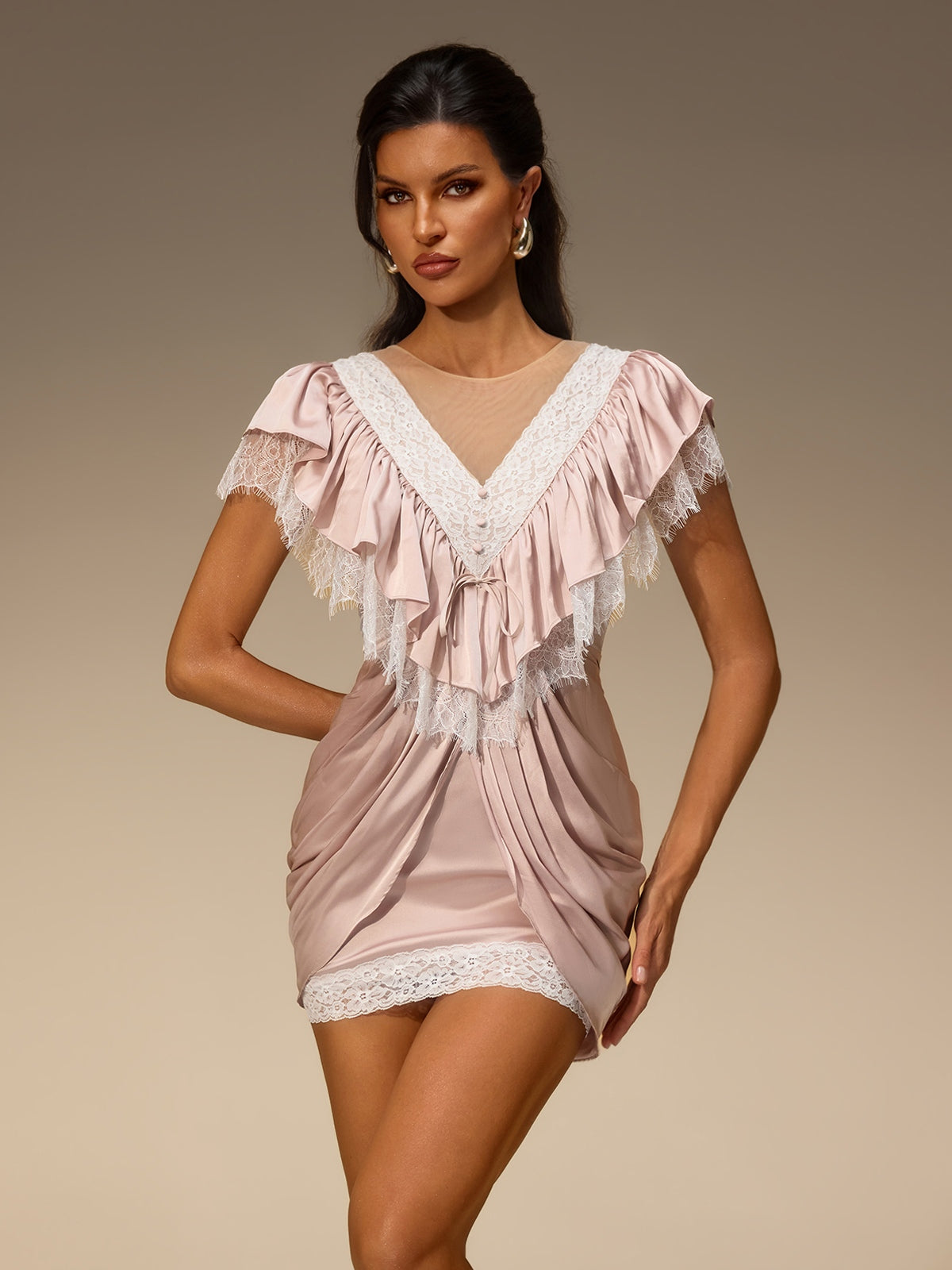 Aurven Lace Ruched Mini Dress