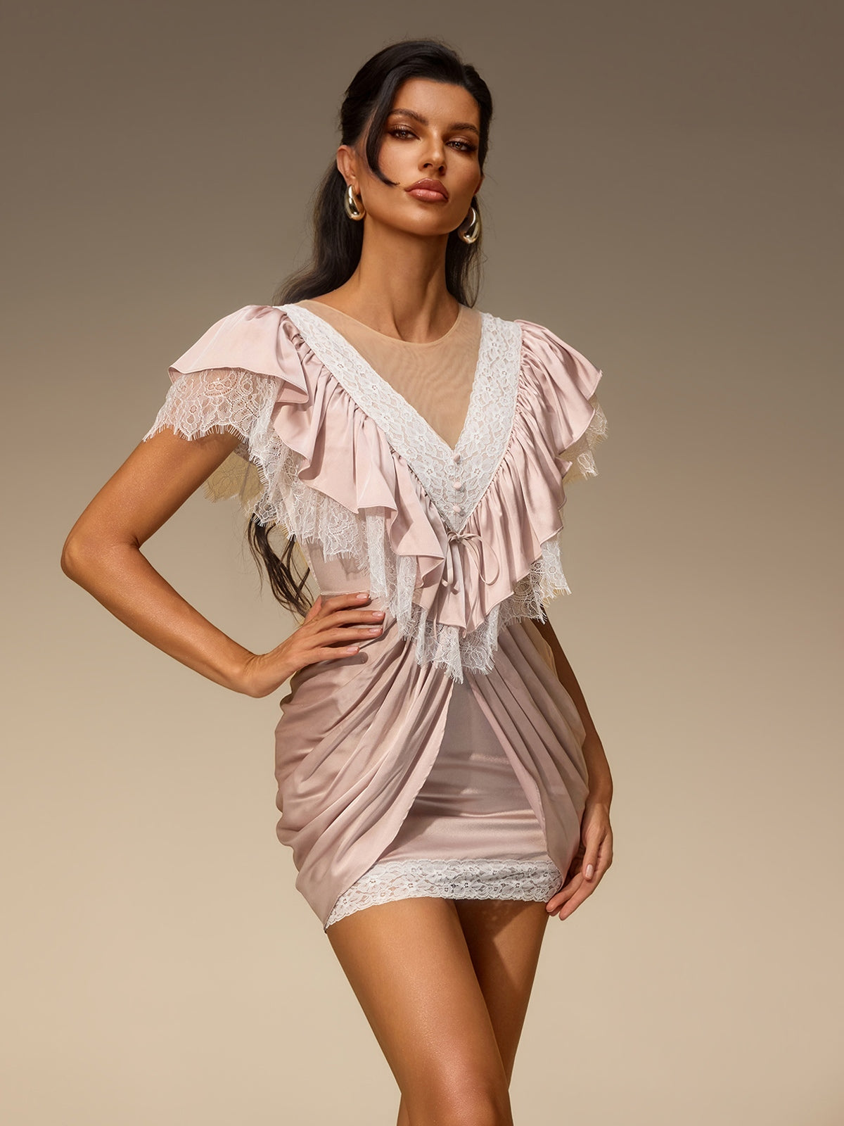 Aurven Lace Ruched Mini Dress