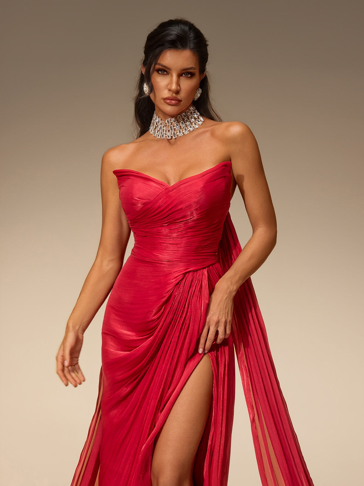 Avelis Strapless Split Ruched Maxi Dress