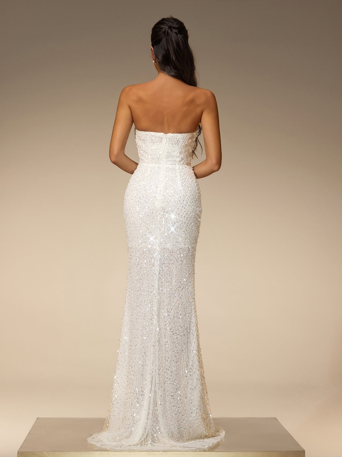 Belora Strapless Sequin Pearl Maxi Dress