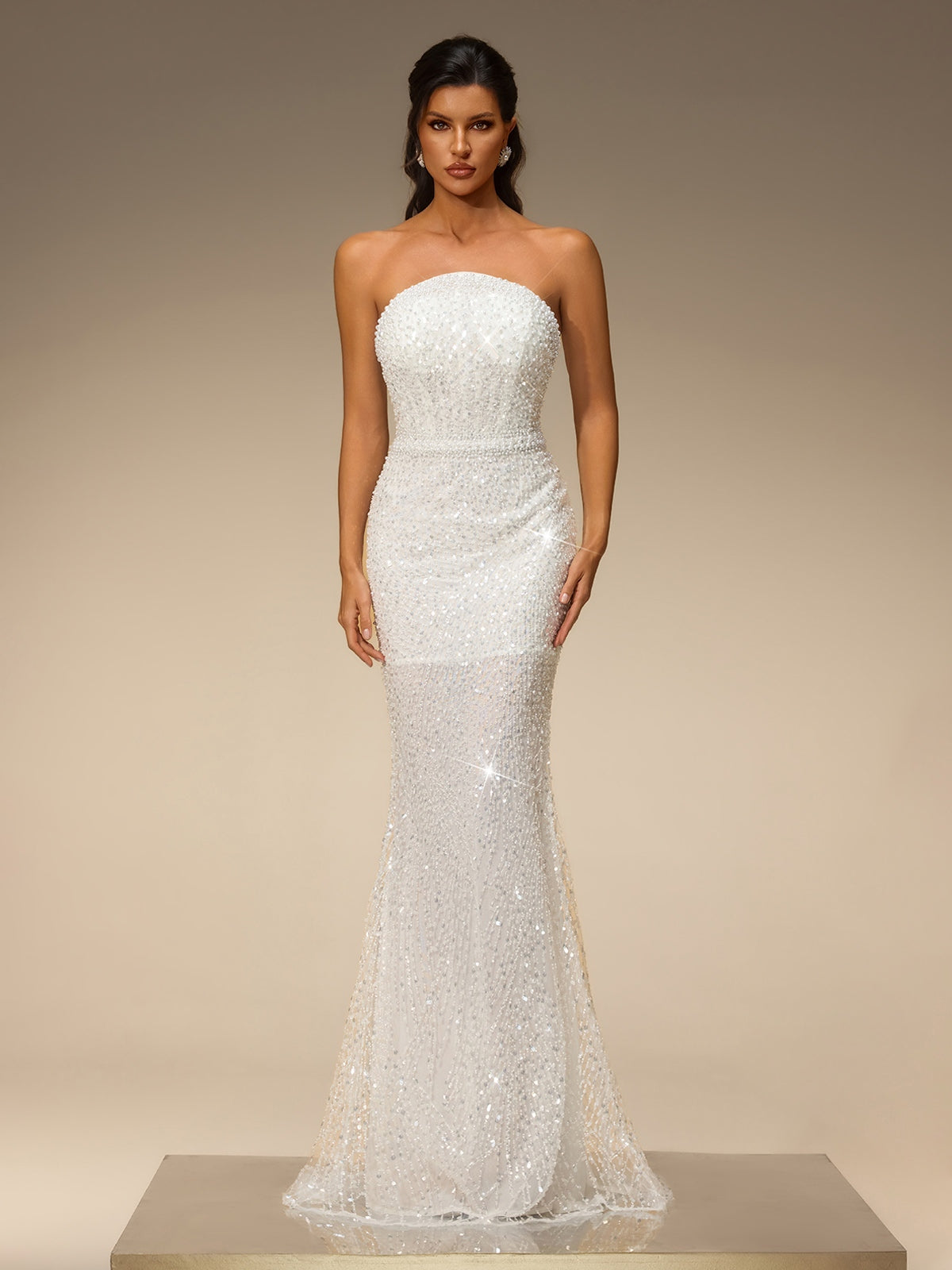 Belora Strapless Sequin Pearl Maxi Dress