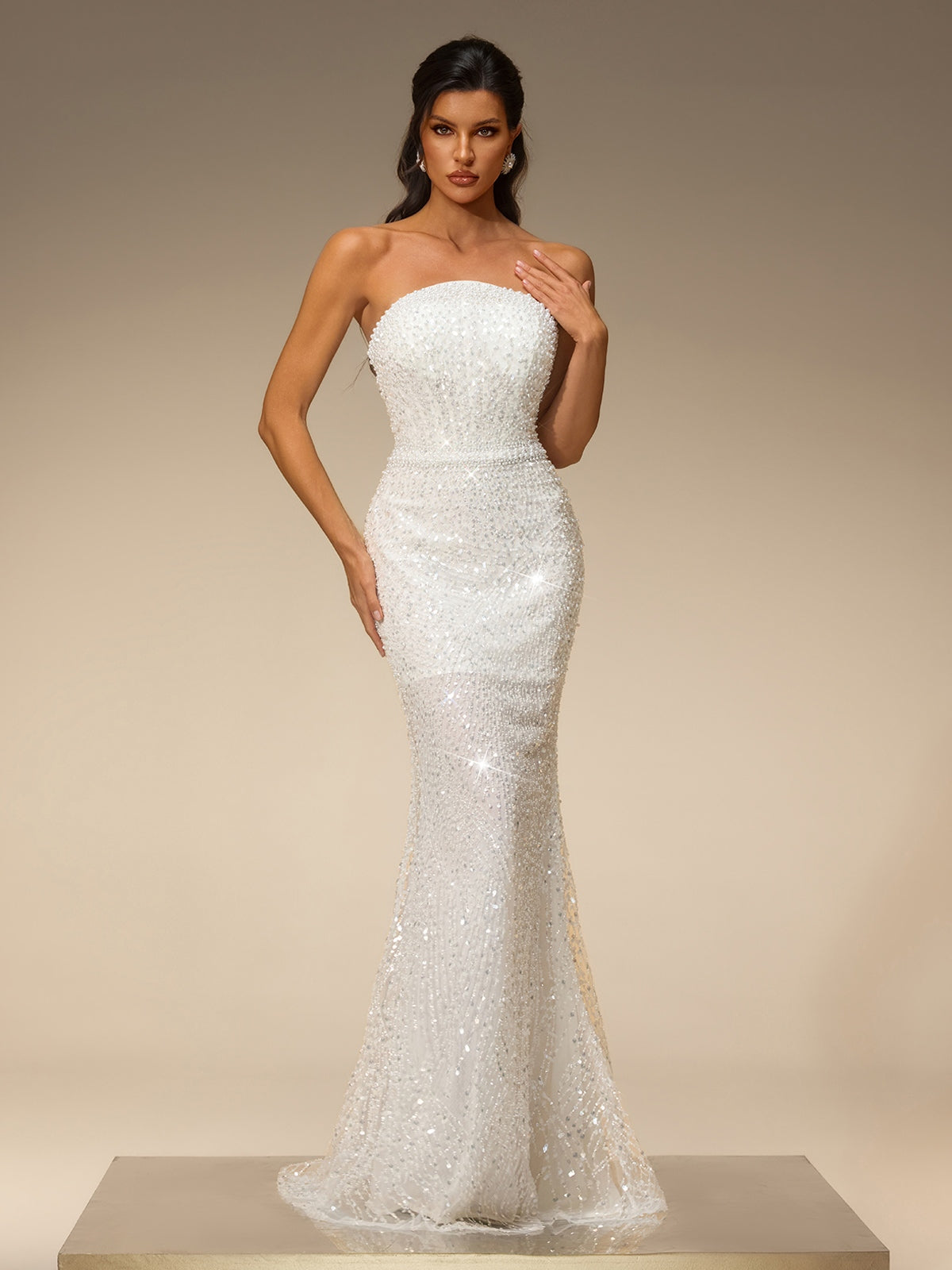 Belora Strapless Sequin Pearl Maxi Dress