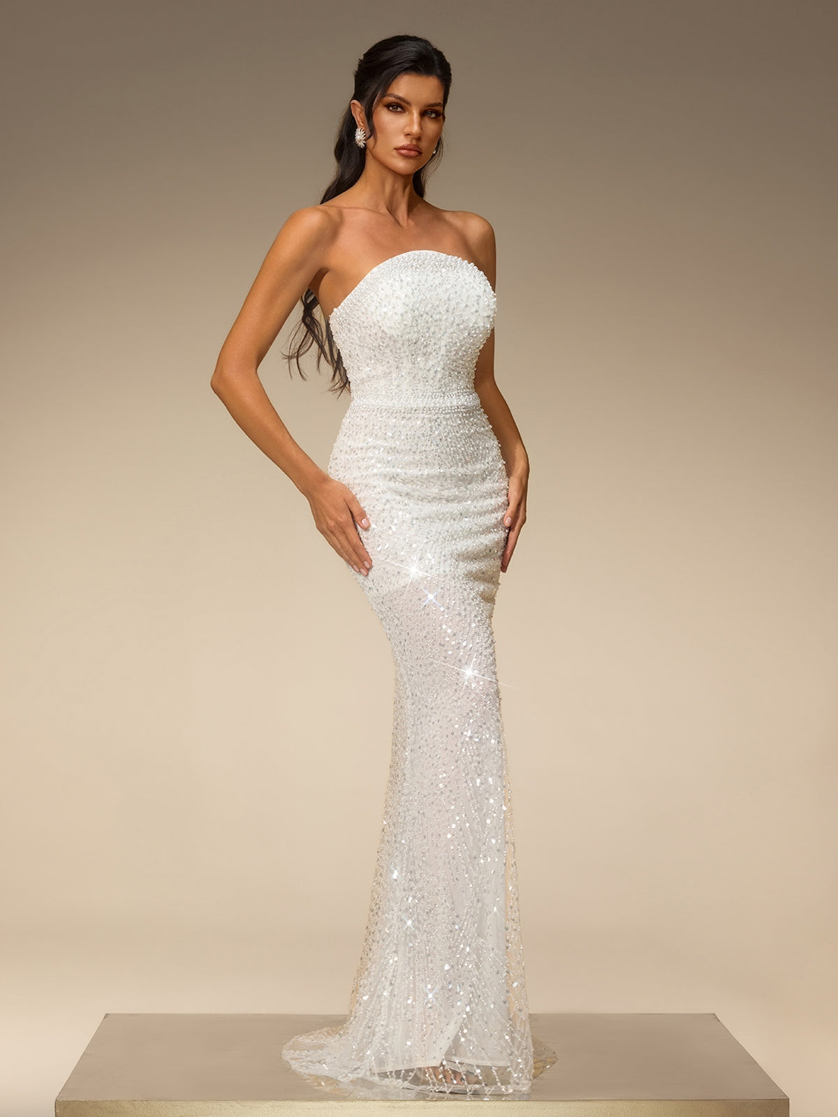 Belora Strapless Sequin Pearl Maxi Dress