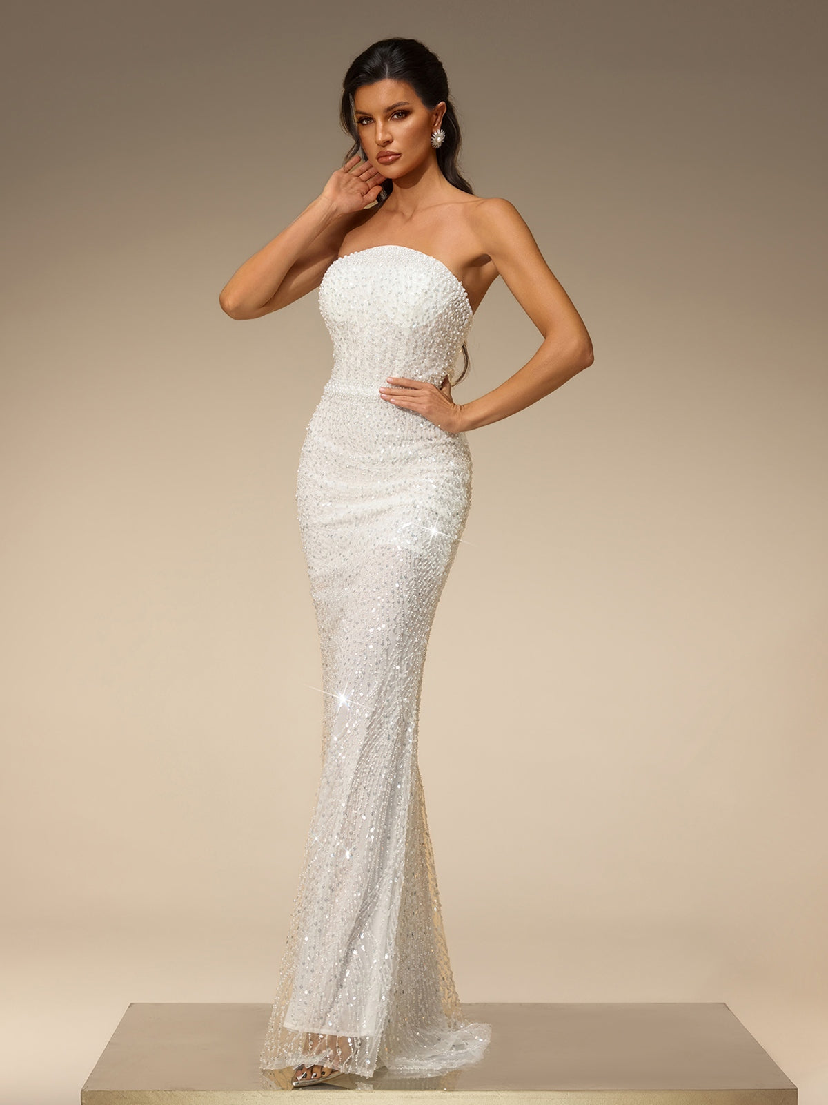 Belora Strapless Sequin Pearl Maxi Dress