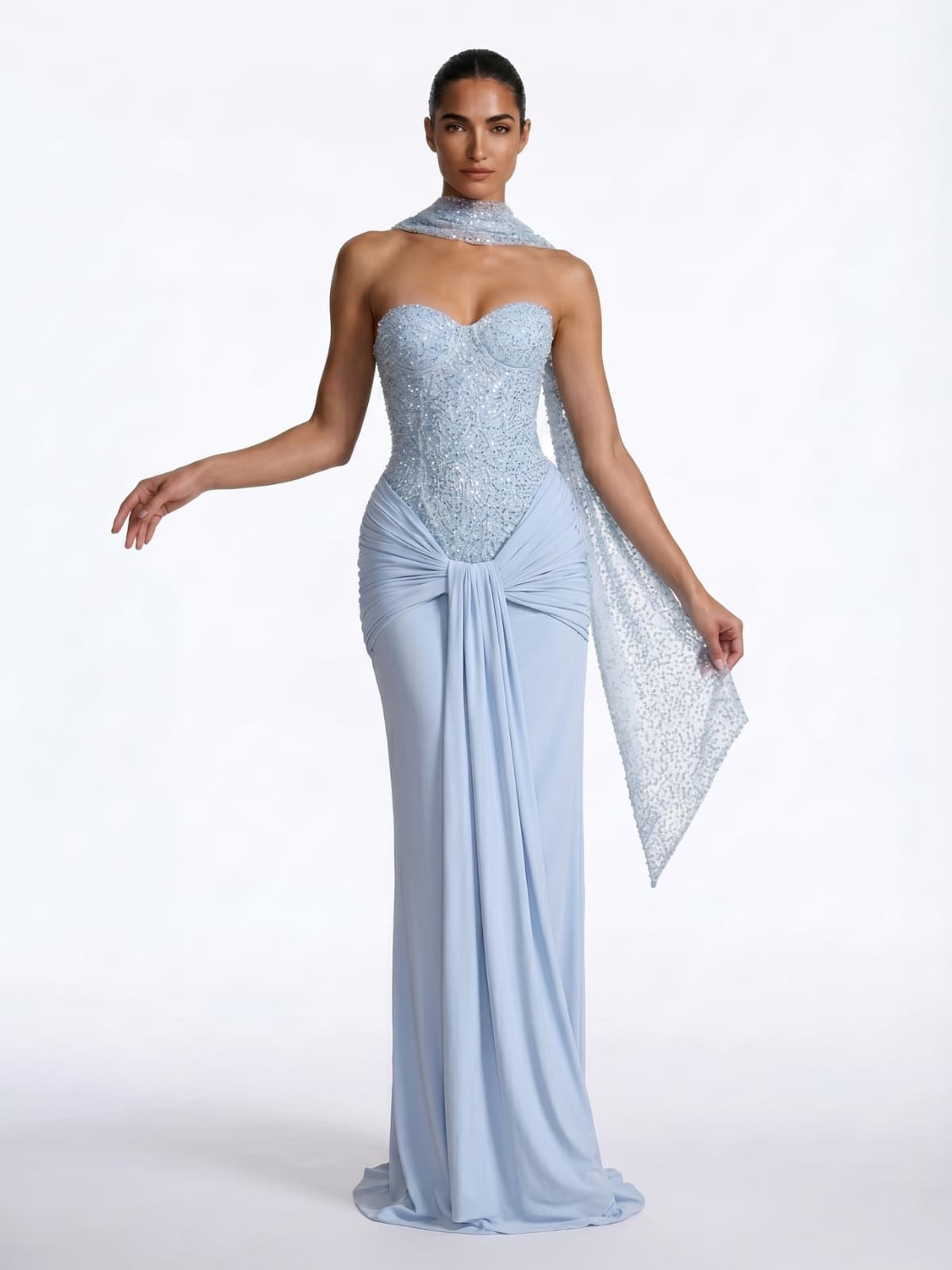 Belric Strapless Scarf Rhinestone Maxi Dress