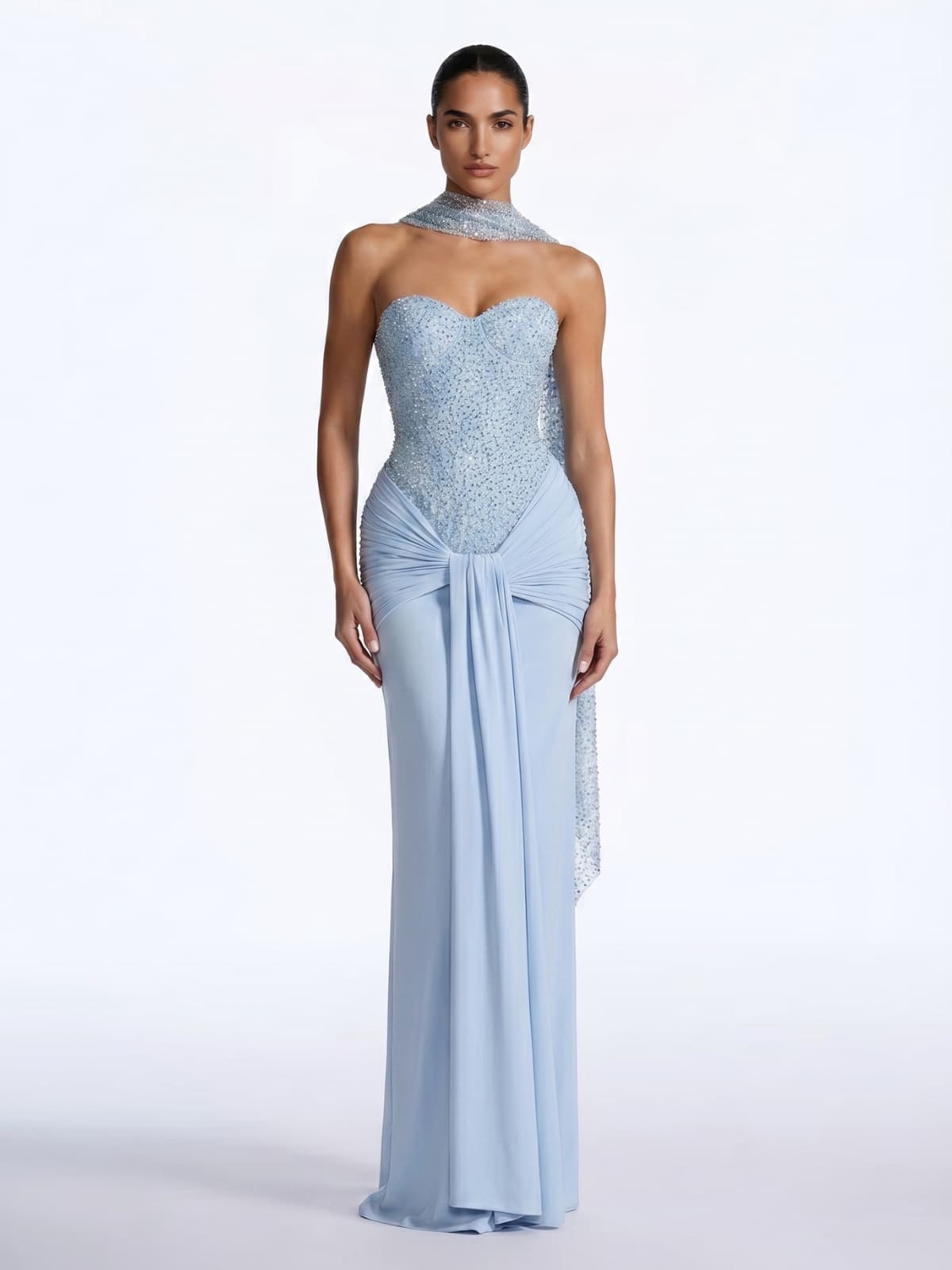 Belric Strapless Scarf Rhinestone Maxi Dress