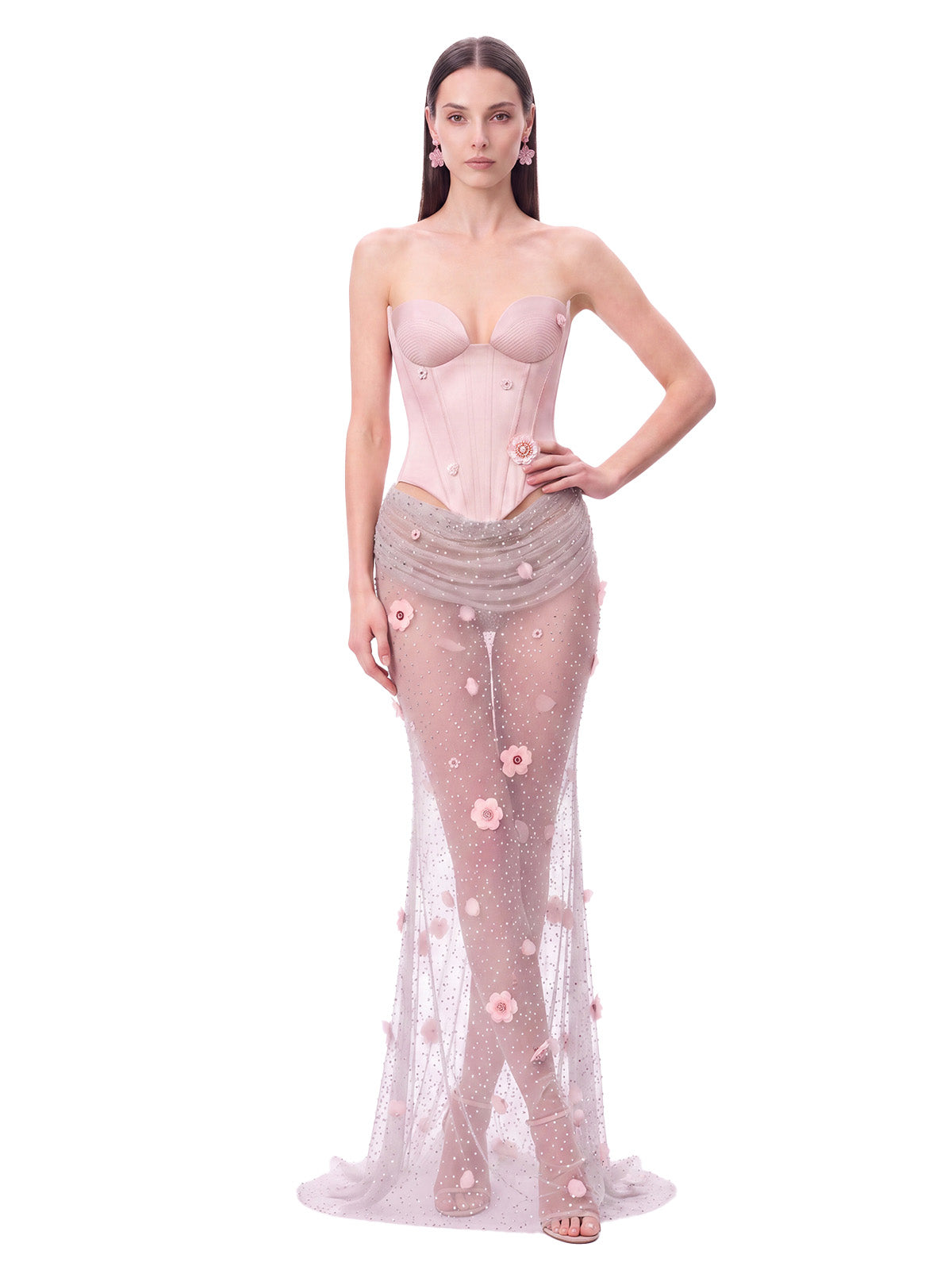 Belvire Strapless Flower Rhinestone Maxi Dress