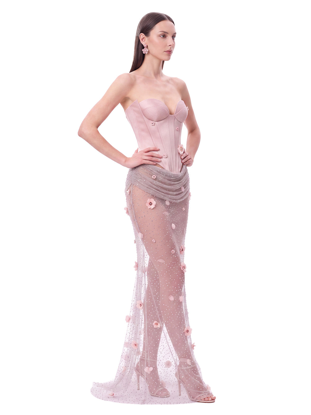 Belvire Strapless Flower Rhinestone Maxi Dress