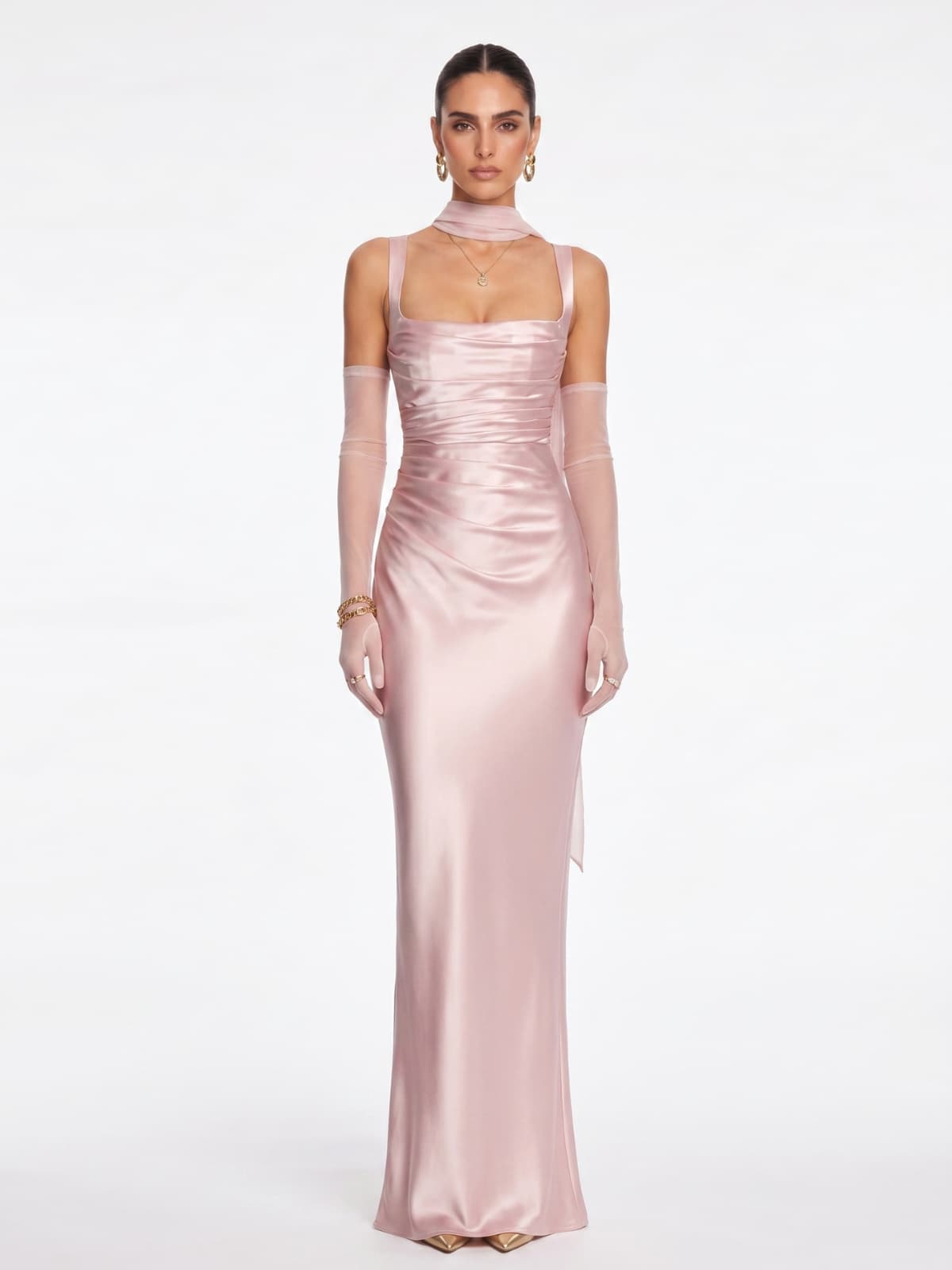 Berwick Lace Up Satin Maxi Dress In Blush