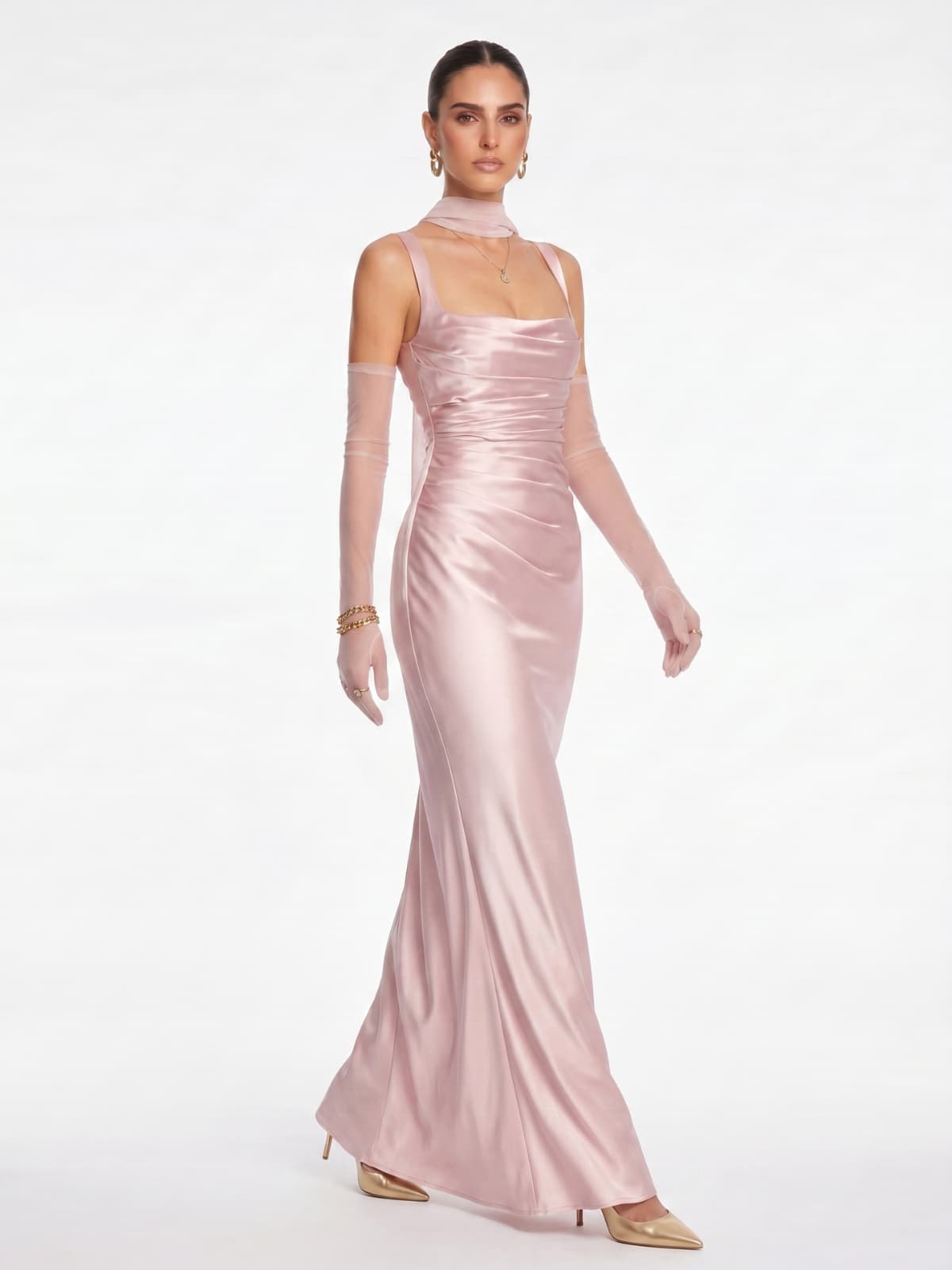 Berwick Lace Up Satin Maxi Dress In Blush