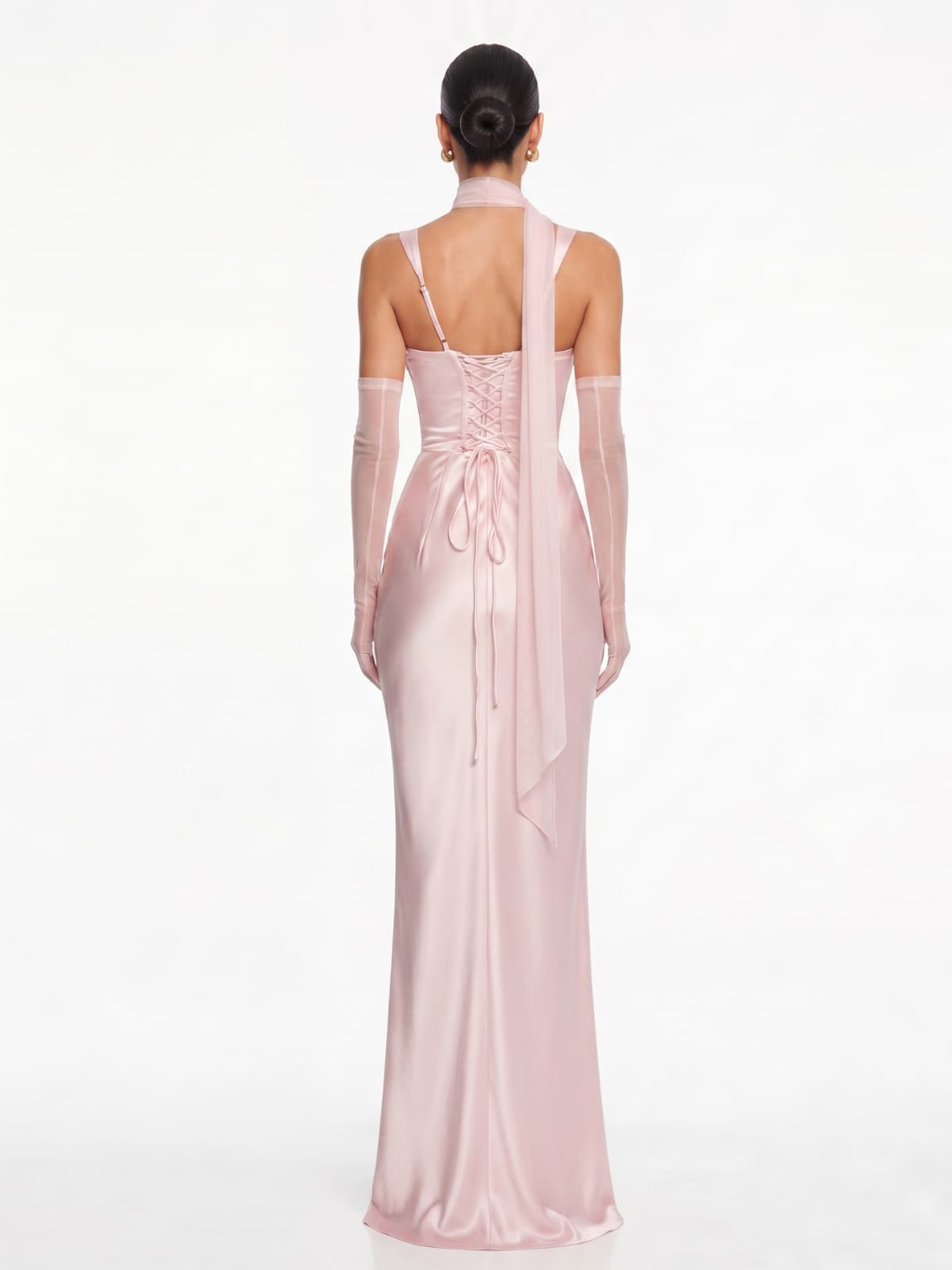 Berwick Lace Up Satin Maxi Dress In Blush