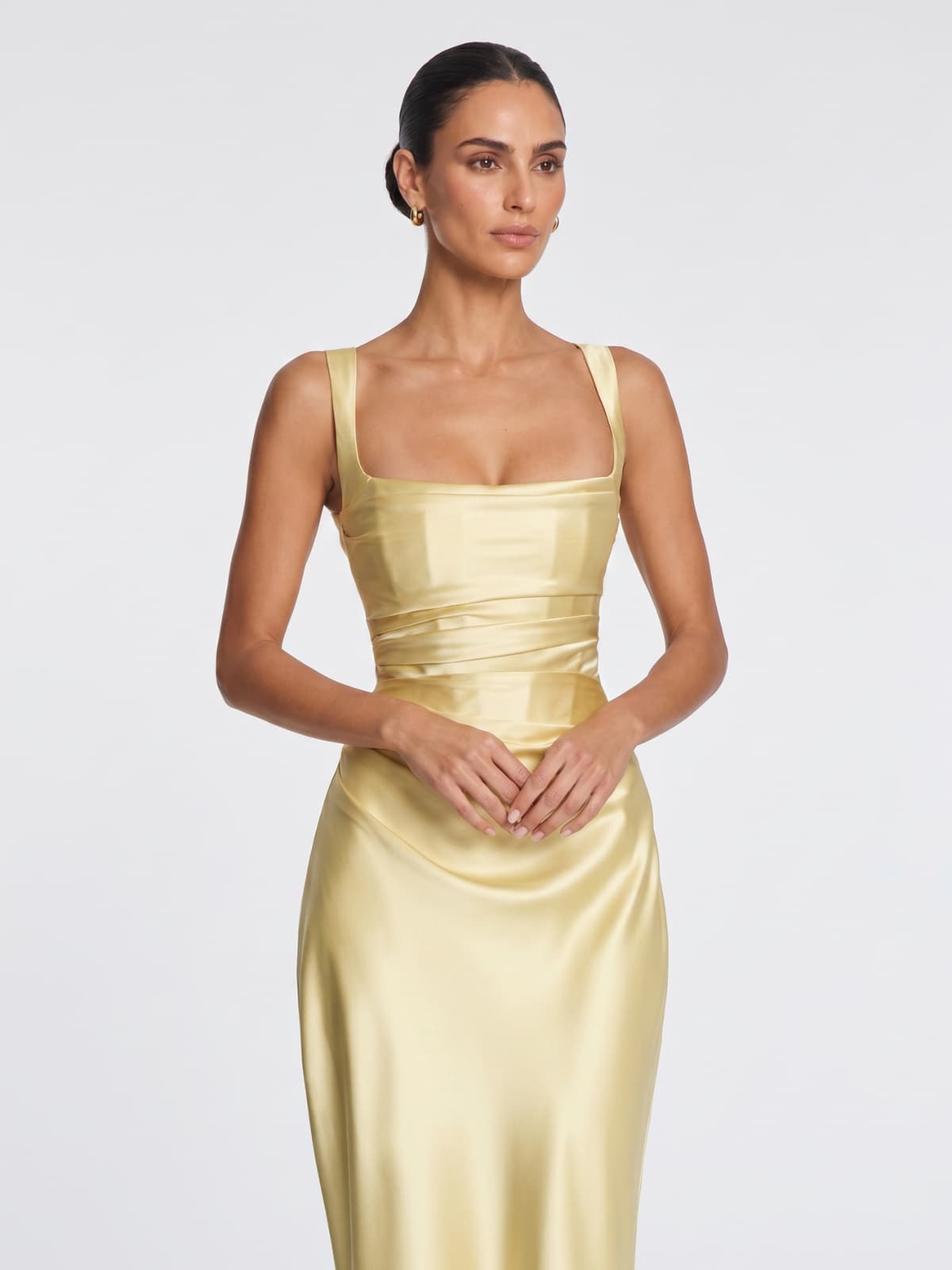 Berwick Lace Up Satin Maxi Dress In Lemon