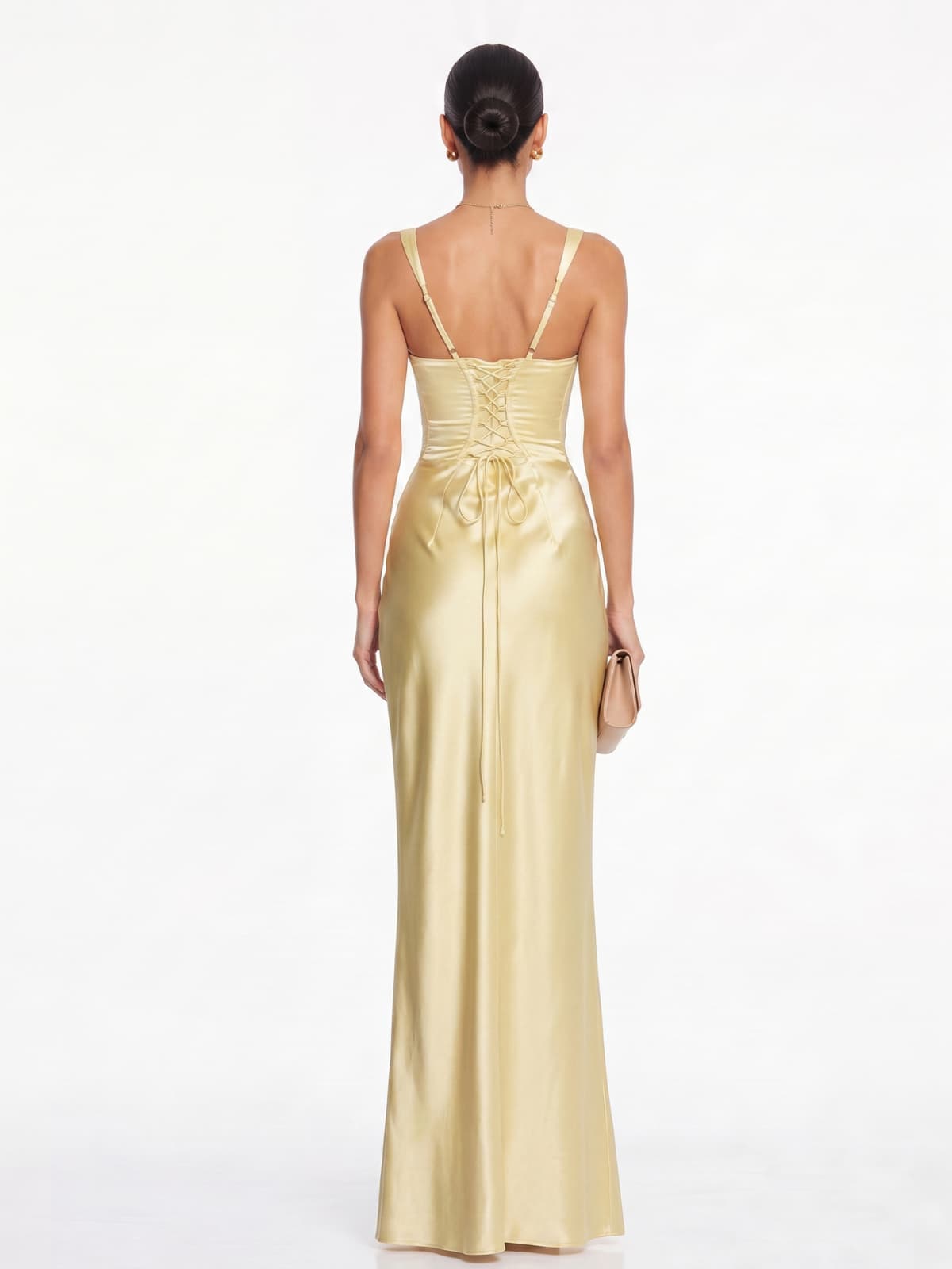 Berwick Lace Up Satin Maxi Dress In Lemon