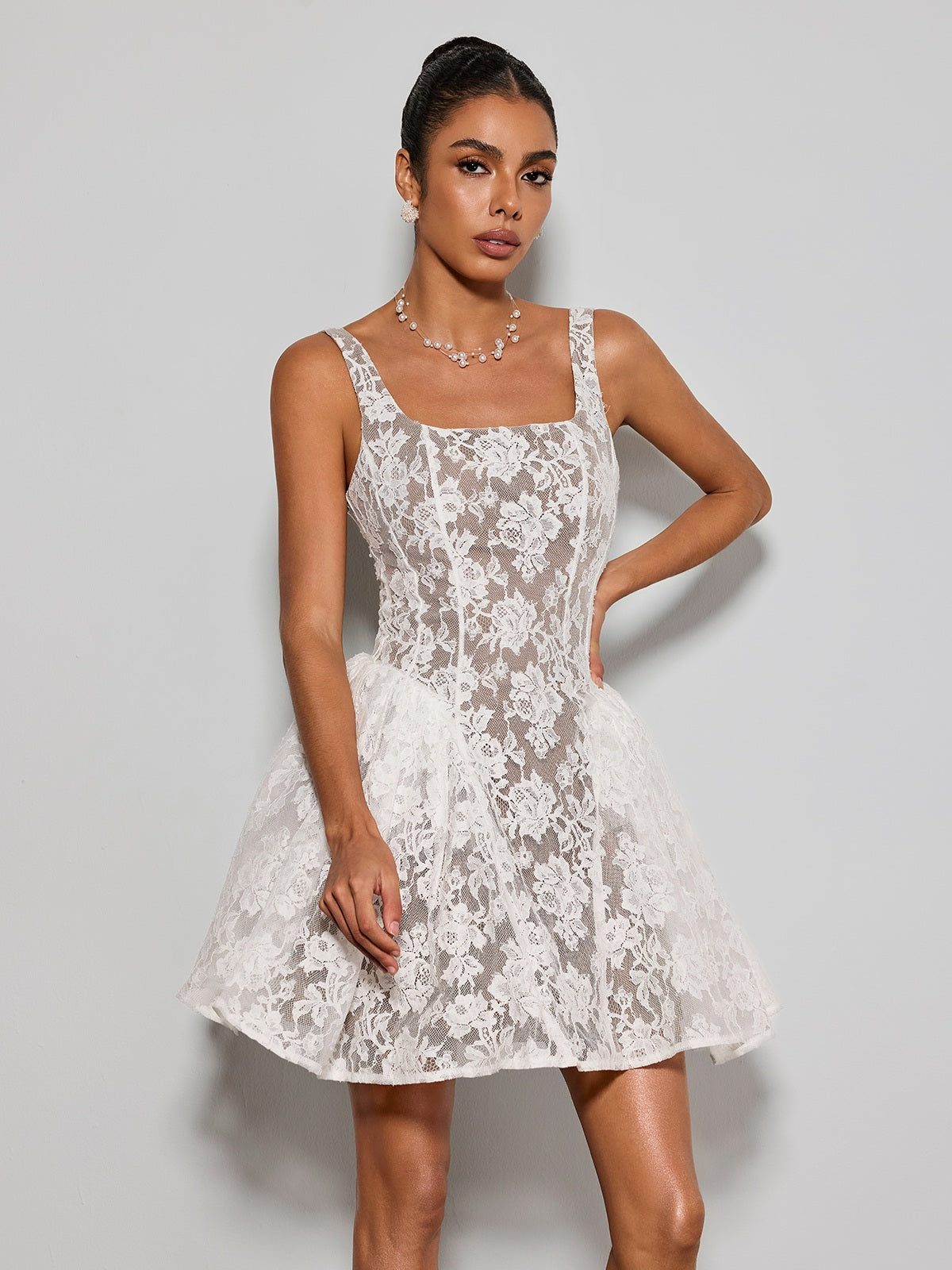 Brendorel Sleeveless Lace Floral Mini Dress