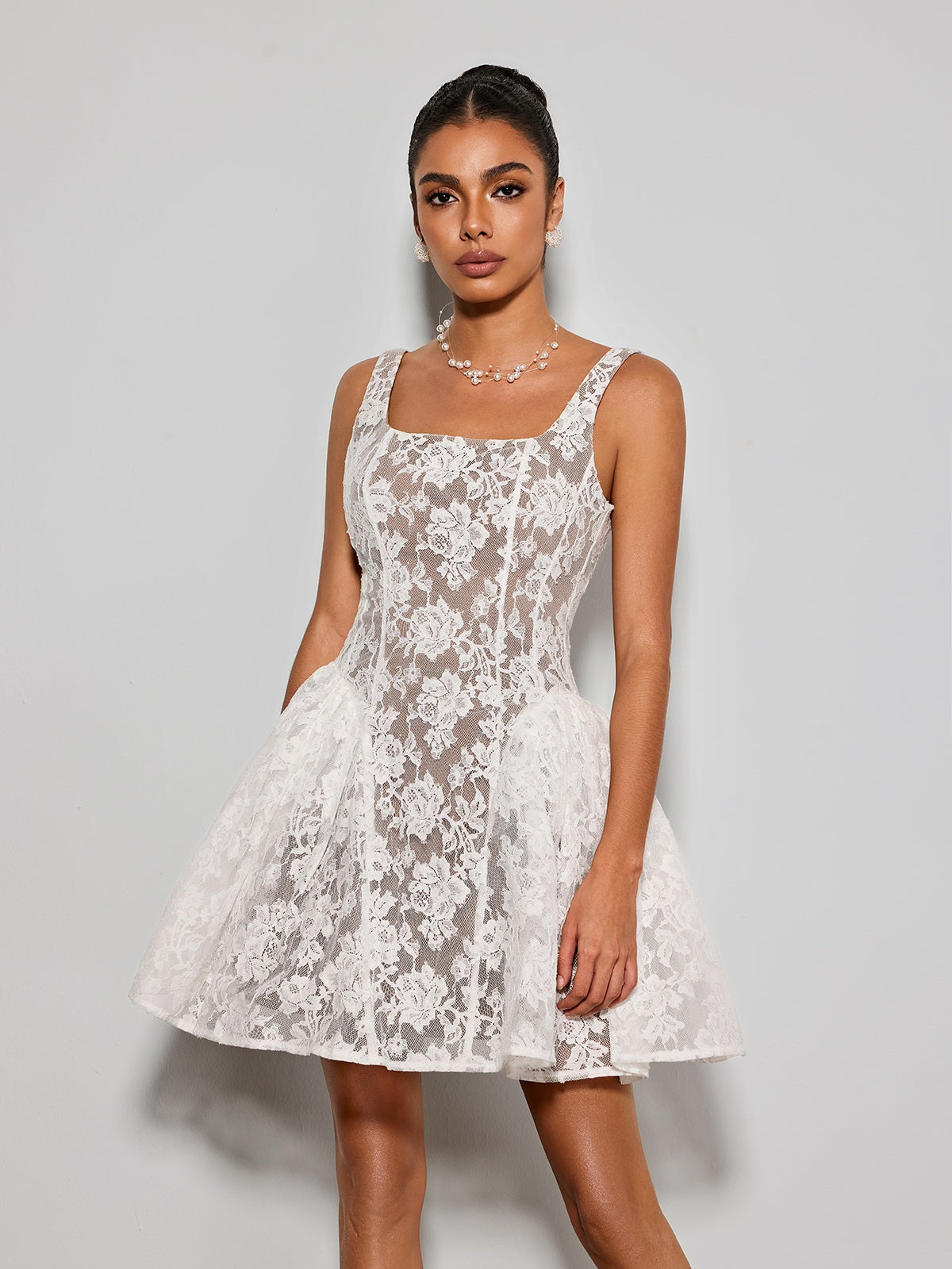 Brendorel Sleeveless Lace Floral Mini Dress