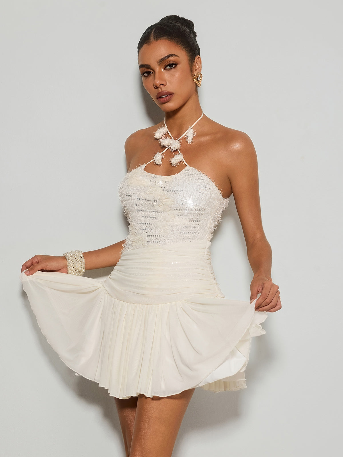Brenvo Halterneck Sequin Ruched Mini Dress