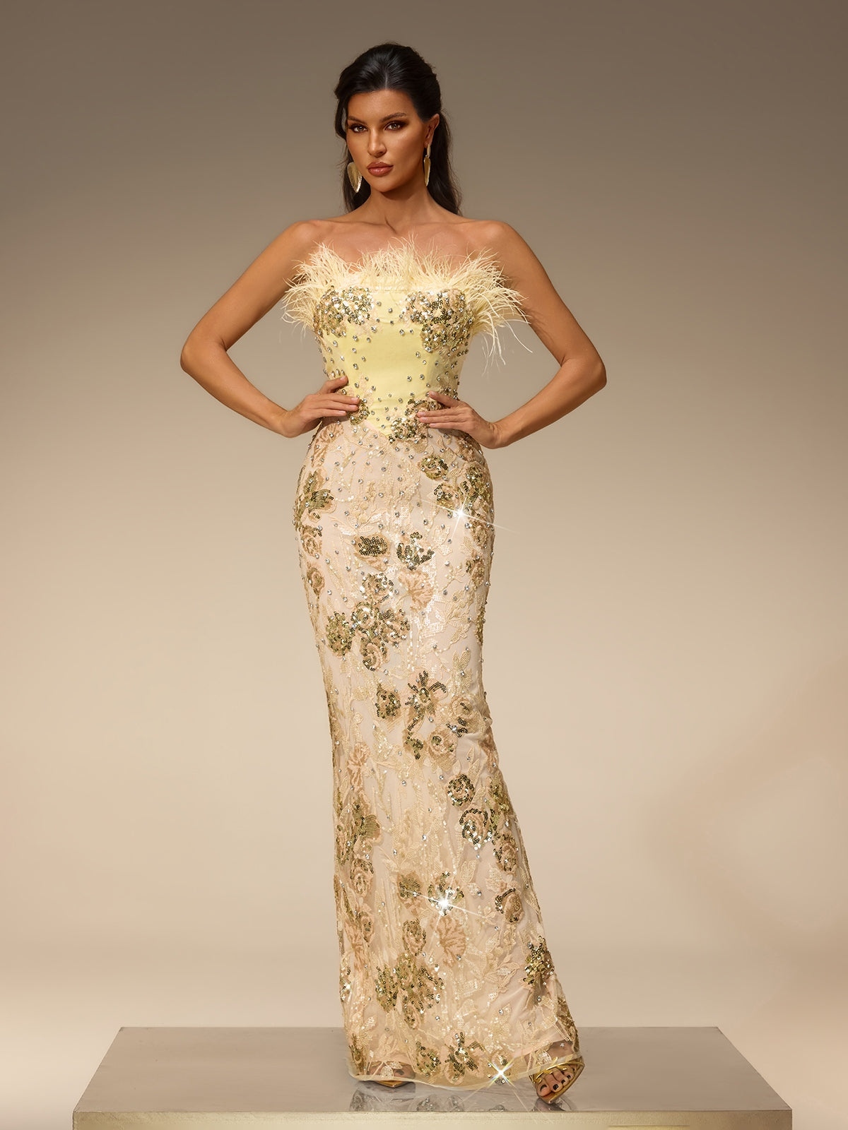 Ciresto Strapless Sequin Rhinestone Maxi Dress