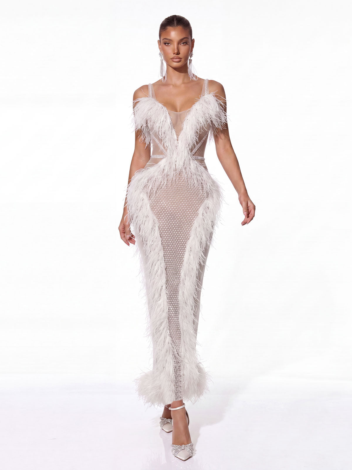 Cyrien Fringe Rhinestone Mesh Maxi Dress