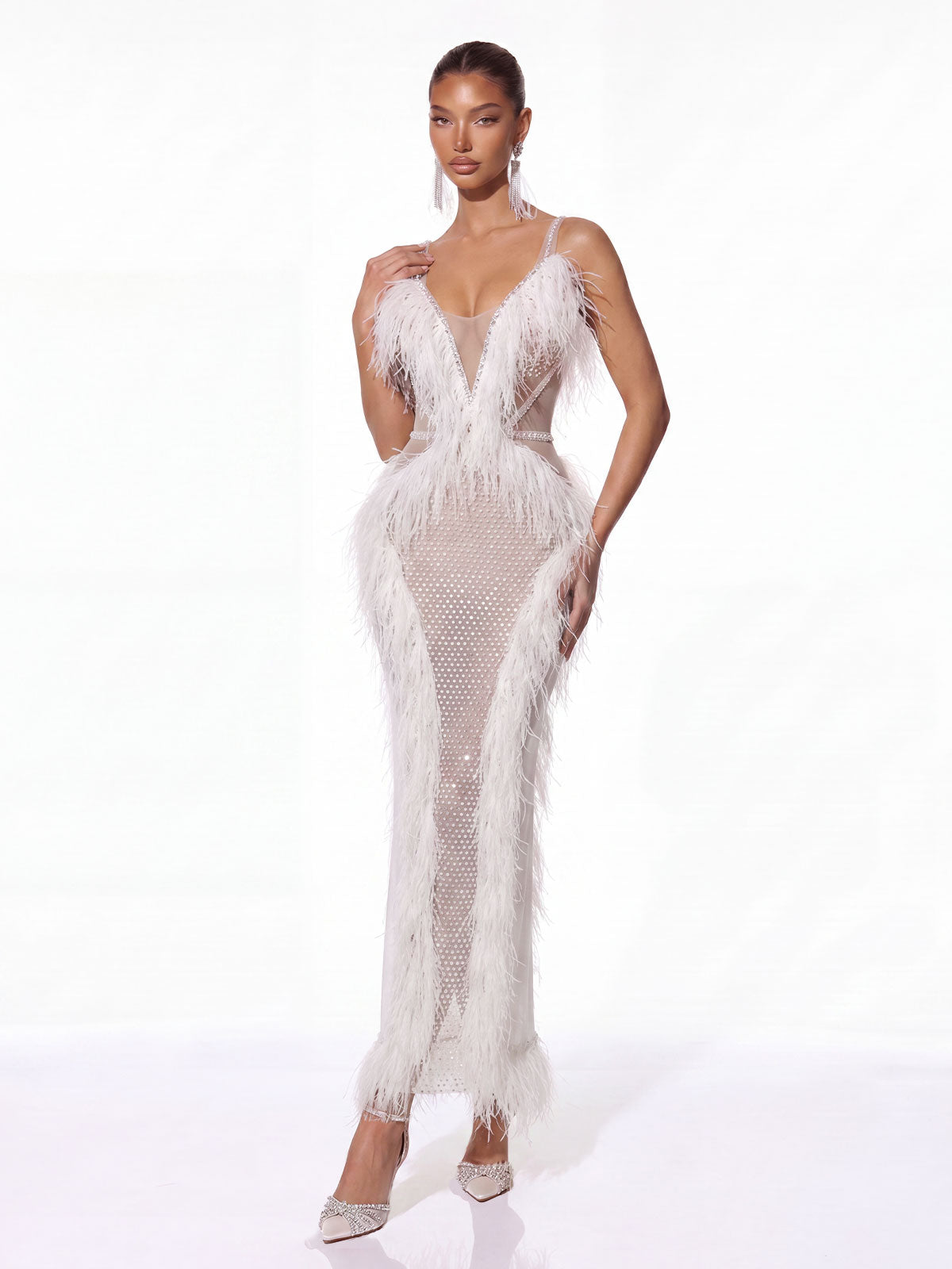 Cyrien Fringe Rhinestone Mesh Maxi Dress