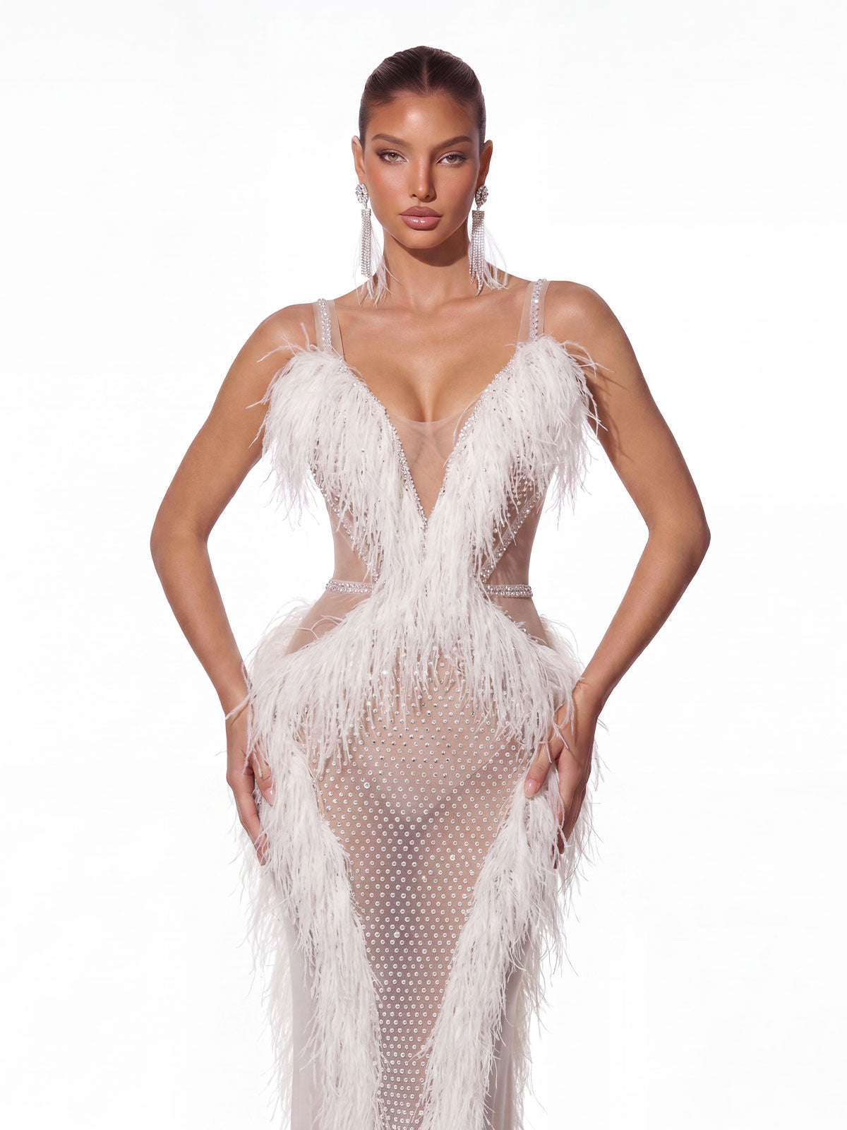 Cyrien Fringe Rhinestone Mesh Maxi Dress