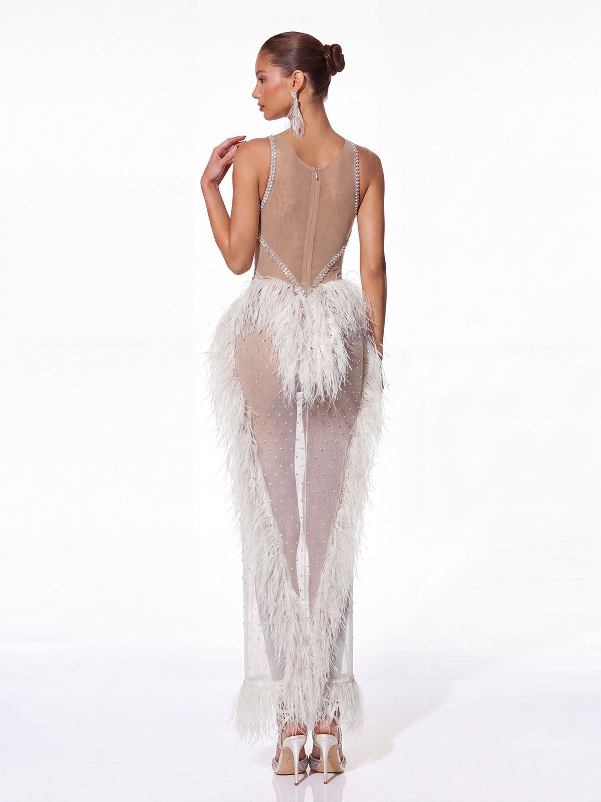 Cyrien Fringe Rhinestone Mesh Maxi Dress