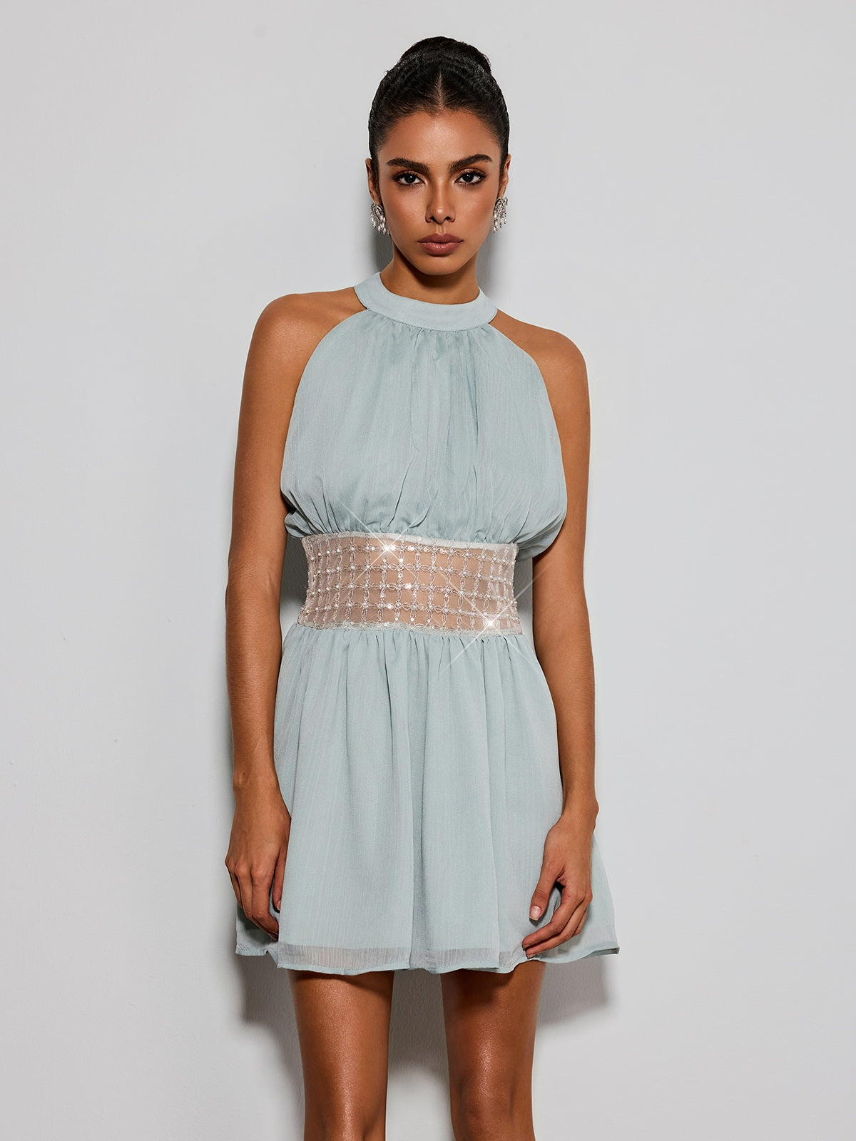 Devri Halterneck Sequin Pearl Mini Dress