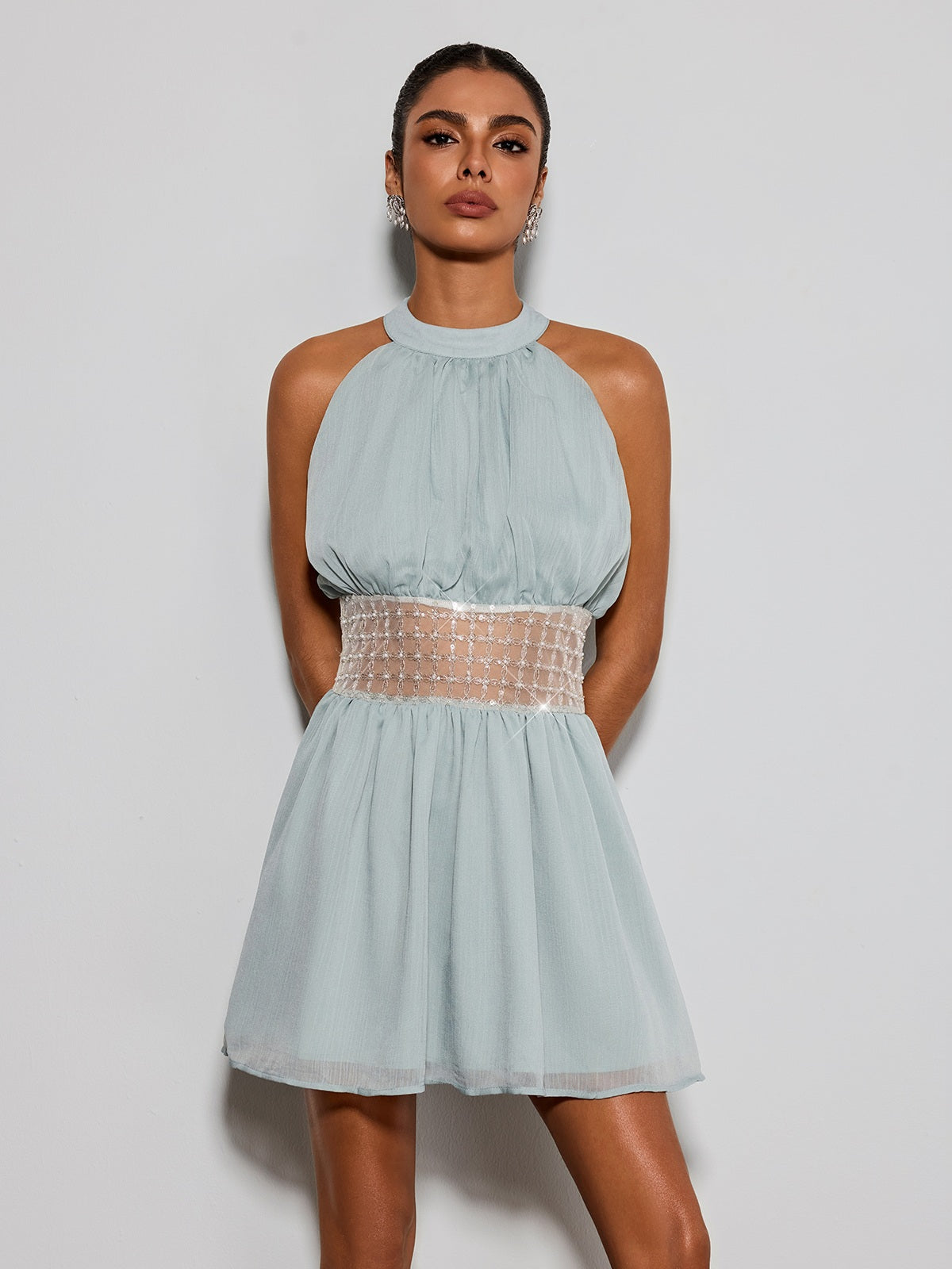 Devri Halterneck Sequin Pearl Mini Dress