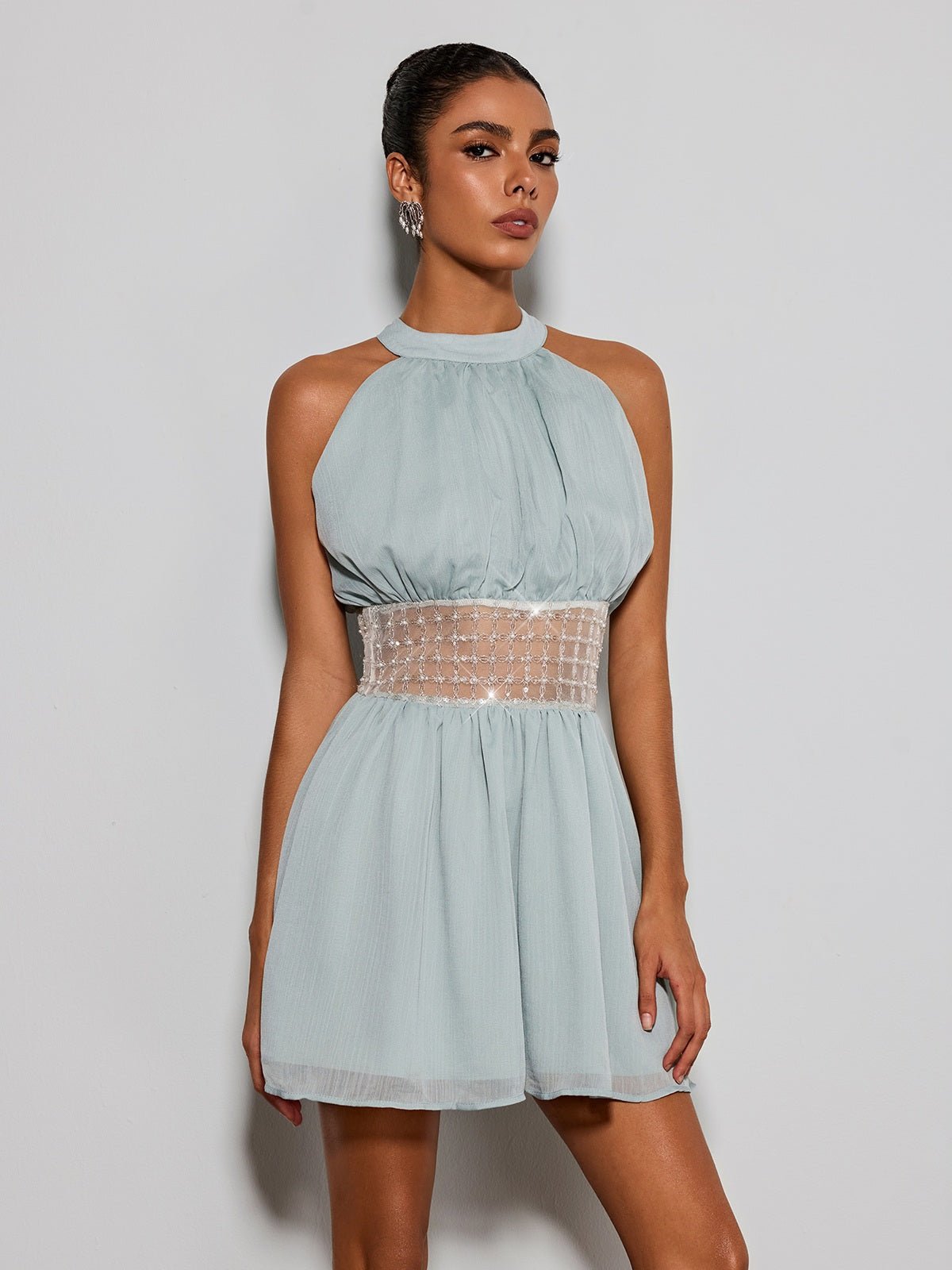 Devri Halterneck Sequin Pearl Mini Dress
