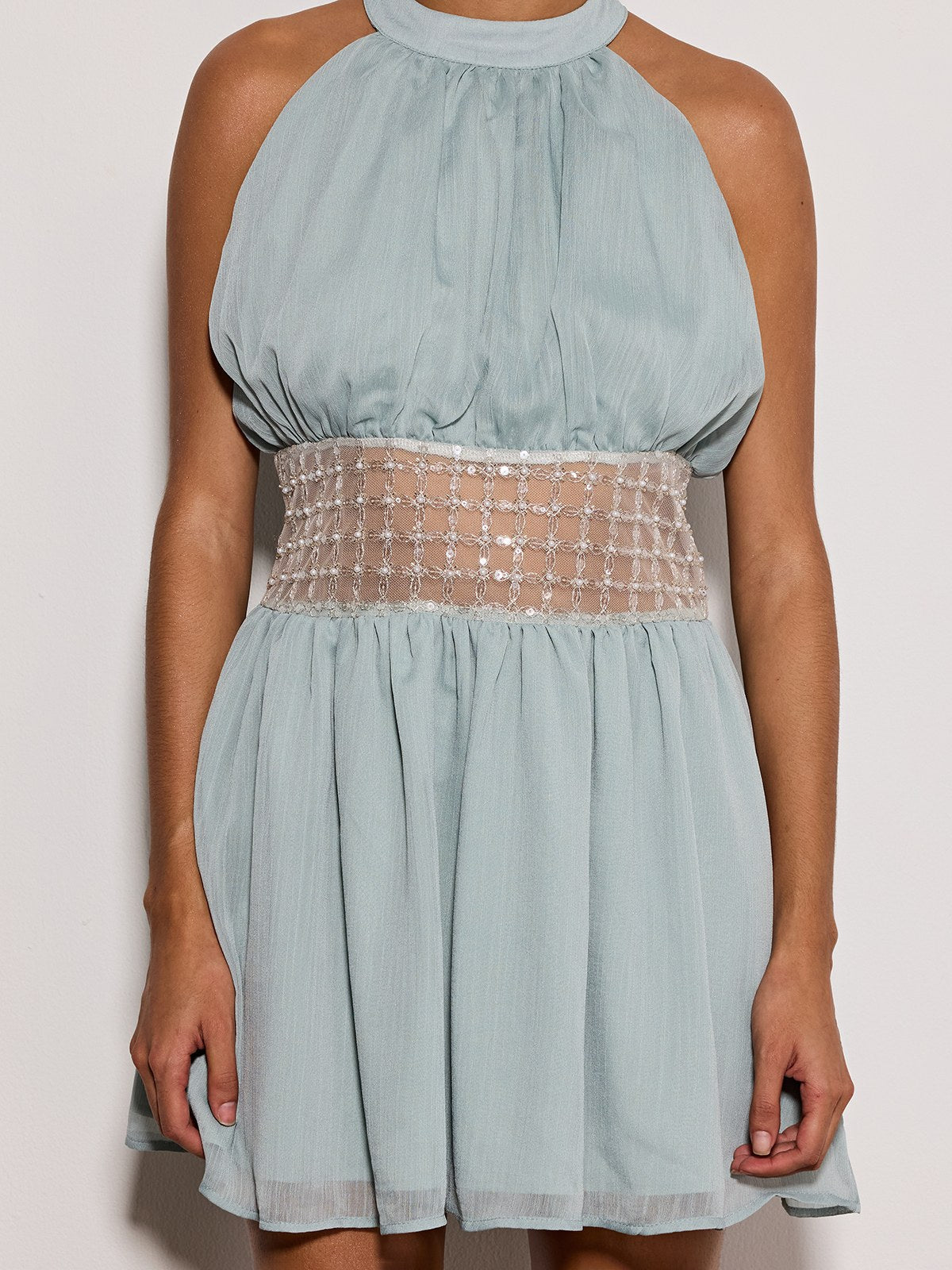 Devri Halterneck Sequin Pearl Mini Dress