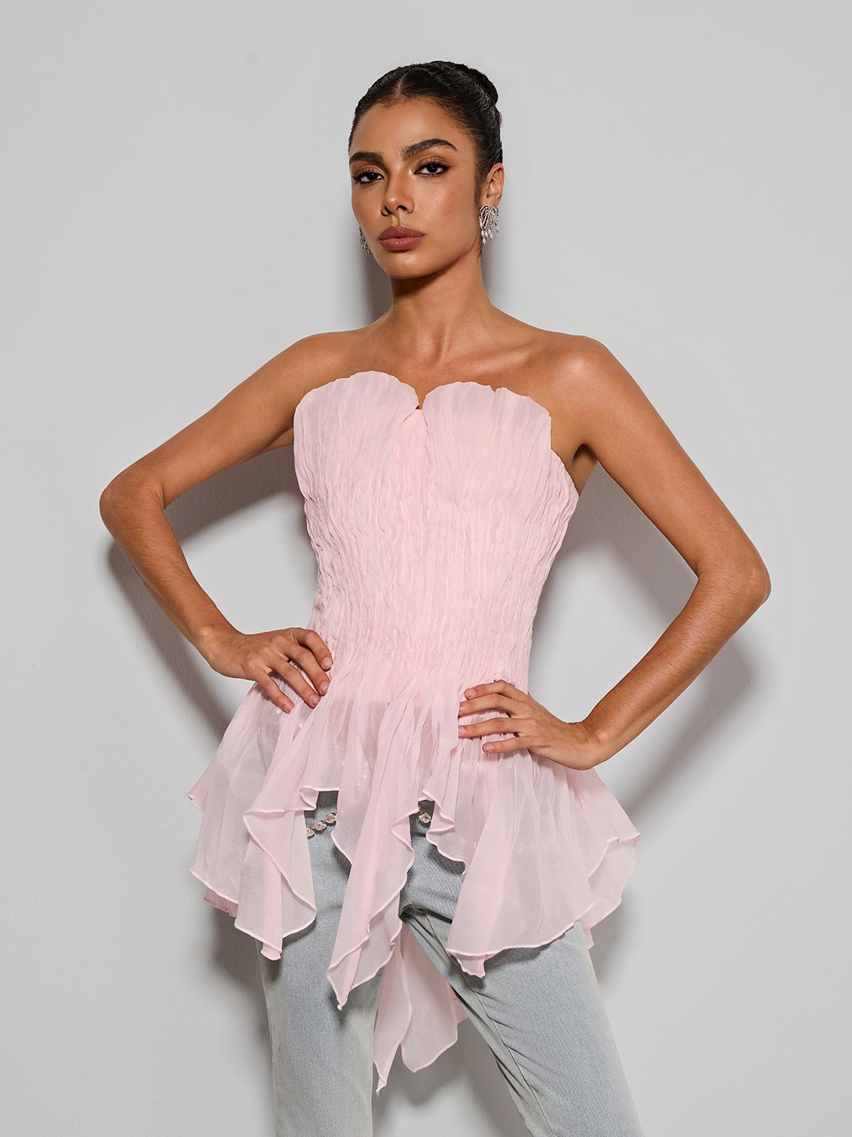 Emke Strapless Ruched Top In Pink