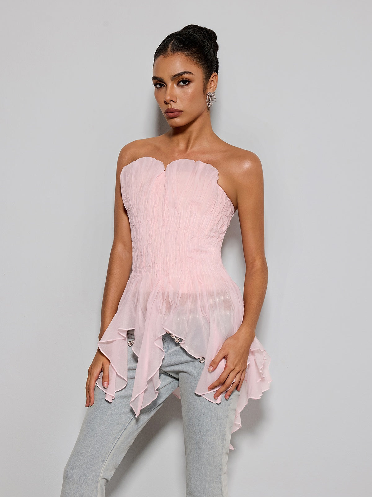 Emke Strapless Ruched Top In Pink