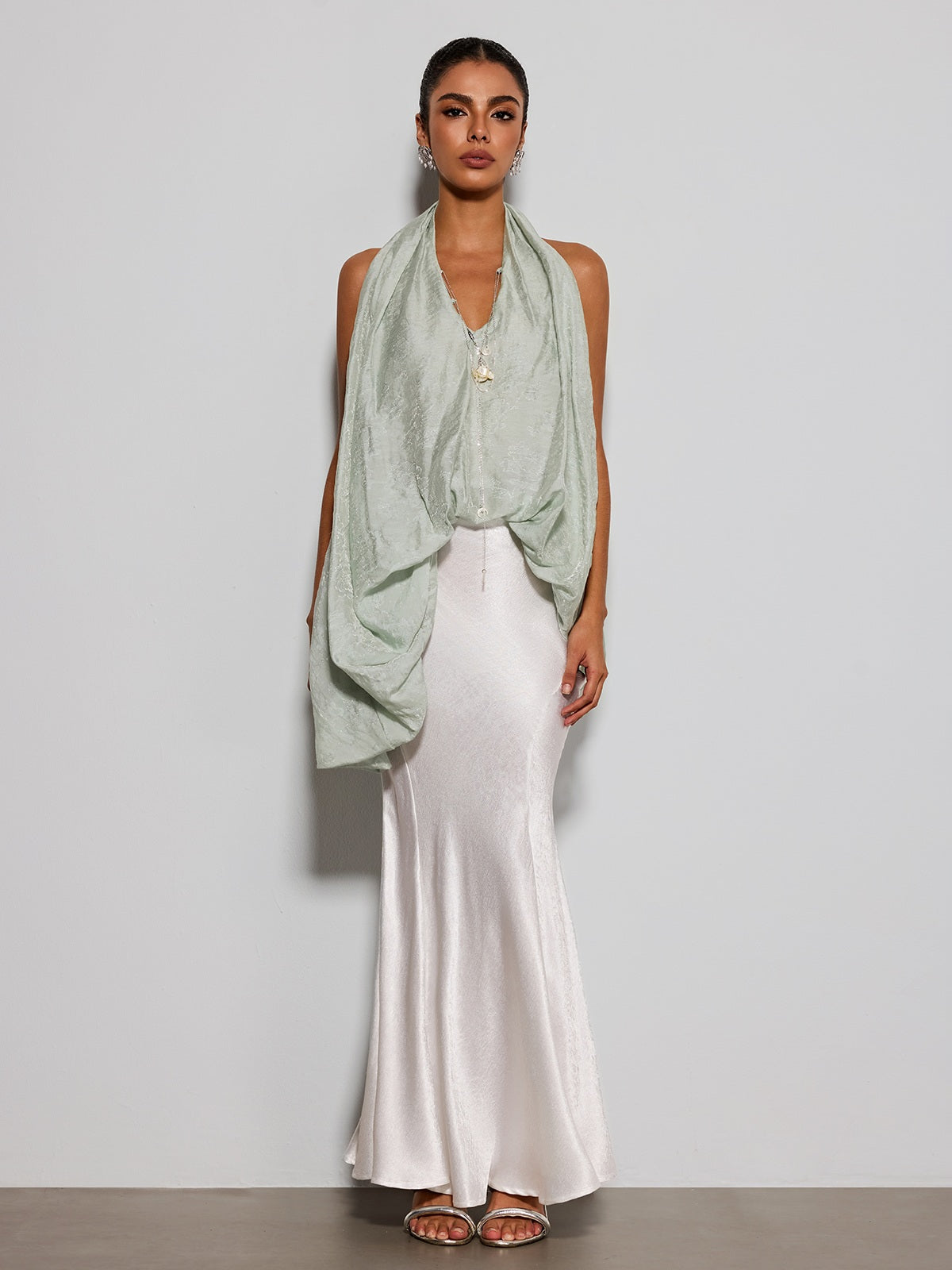 Eryngo Cowl Neck Satin Mermaid Skirt Set