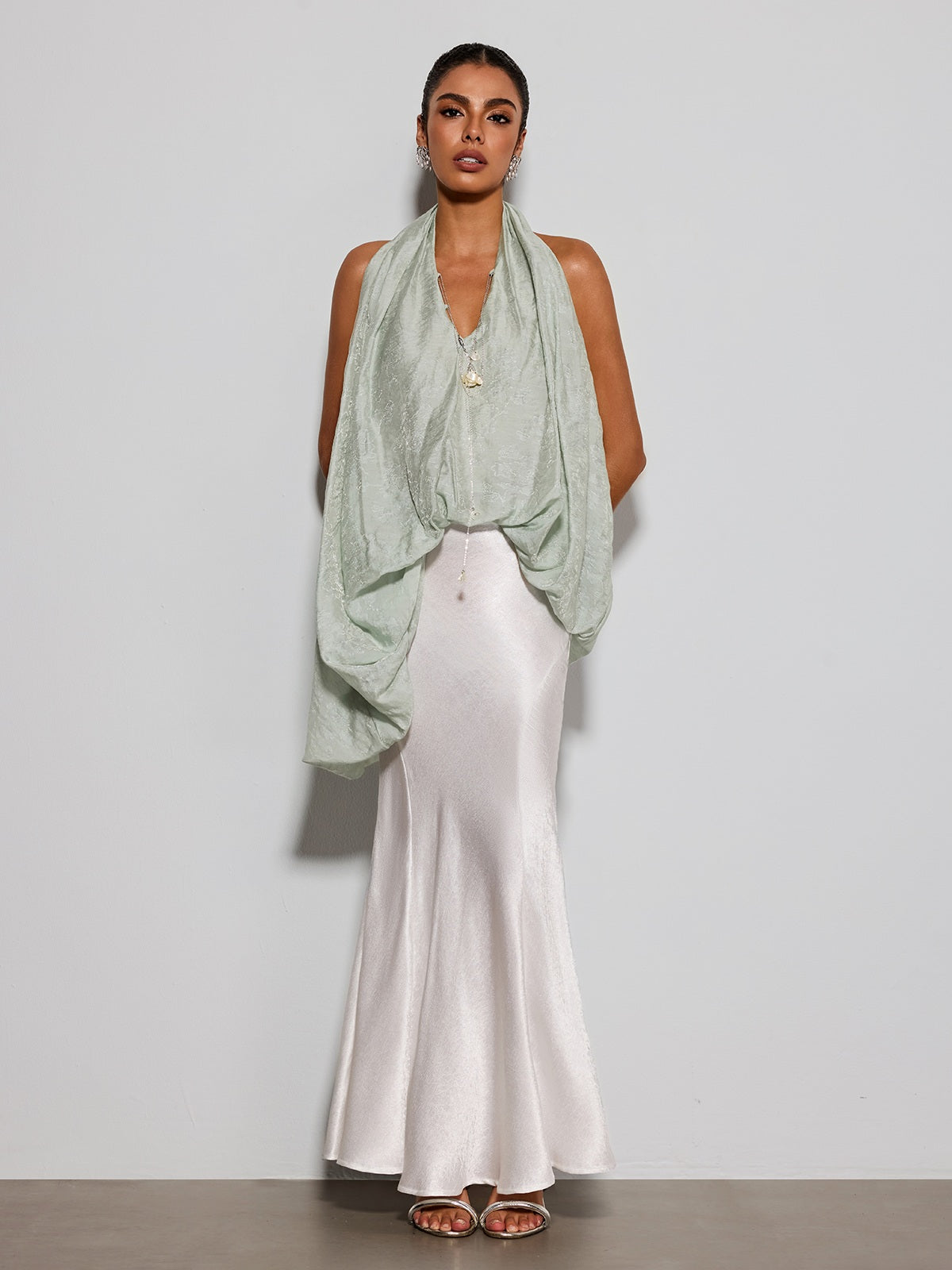 Eryngo Cowl Neck Satin Mermaid Skirt Set