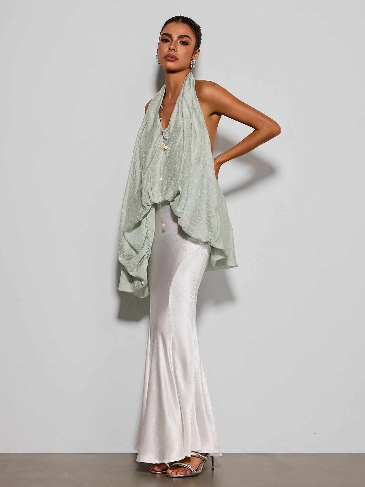 Eryngo Cowl Neck Satin Mermaid Skirt Set