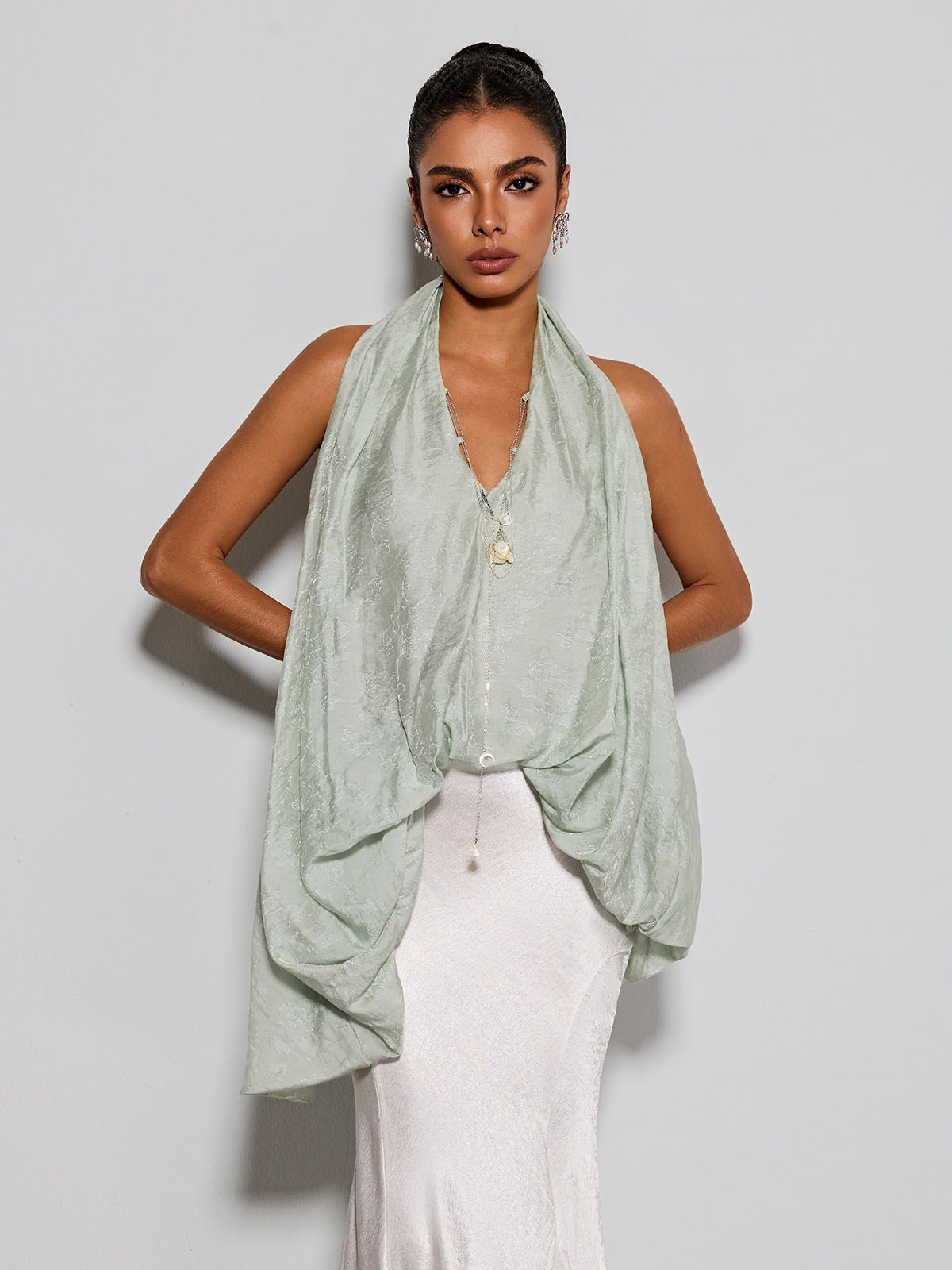 Eryngo Cowl Neck Satin Mermaid Skirt Set
