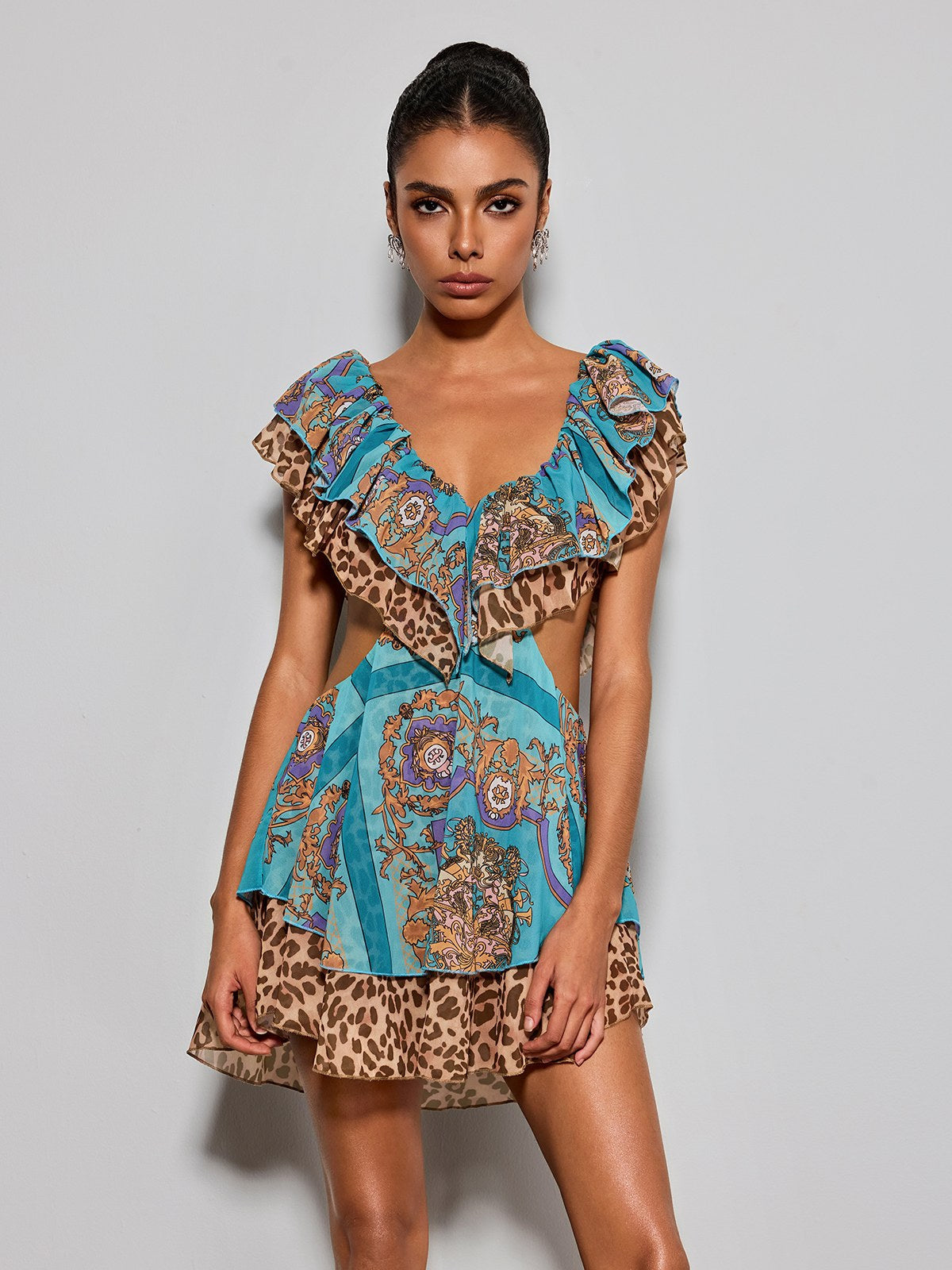 Eshana V Neck Cutout Printed Mini Dress