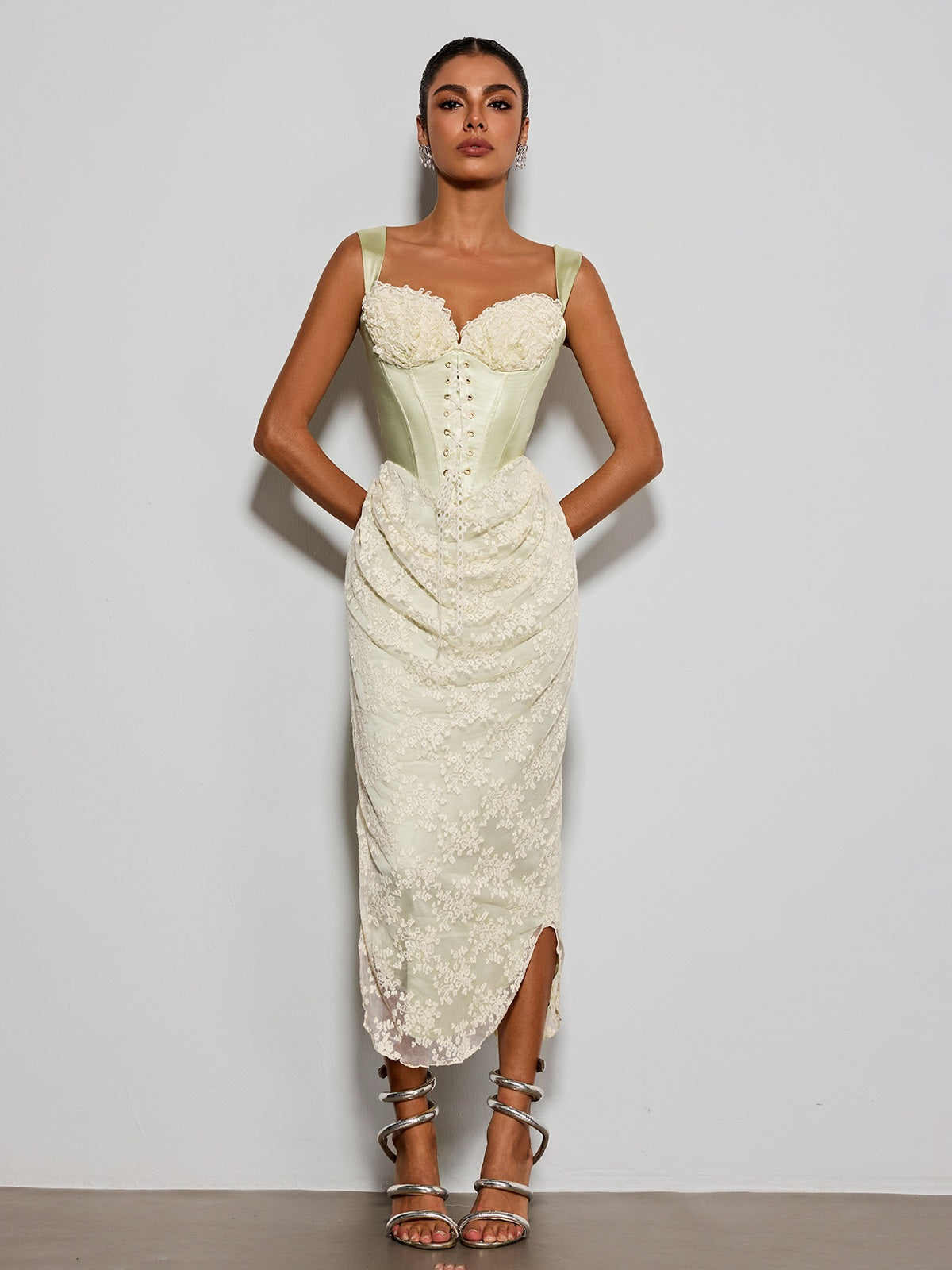 Estacia Corset Lace Satin Midi Dress