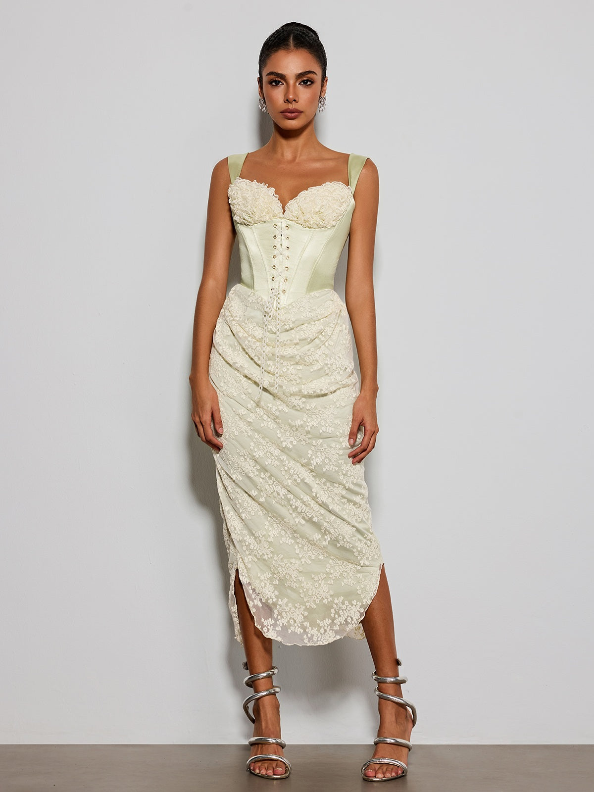 Estacia Corset Lace Satin Midi Dress