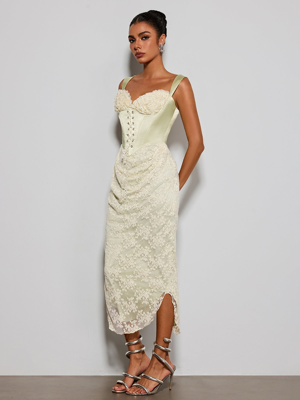 Estacia Corset Lace Satin Midi Dress
