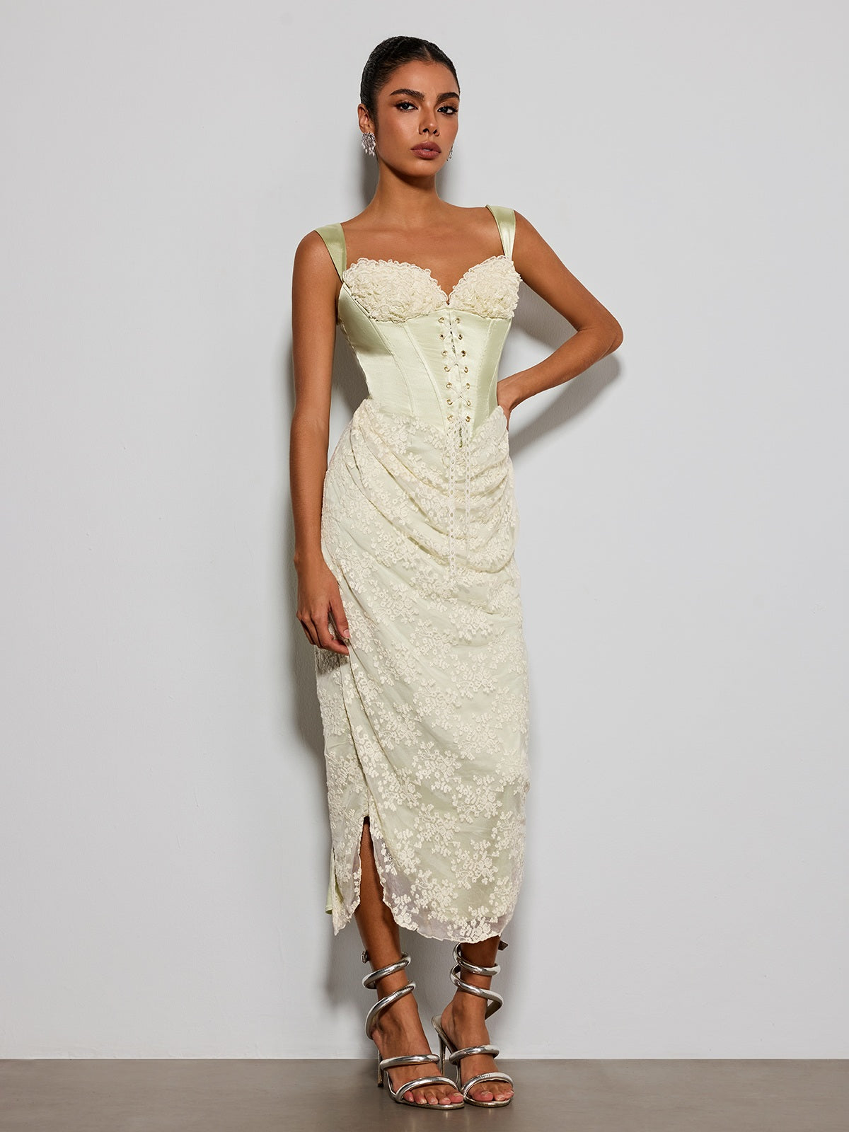 Estacia Corset Lace Satin Midi Dress