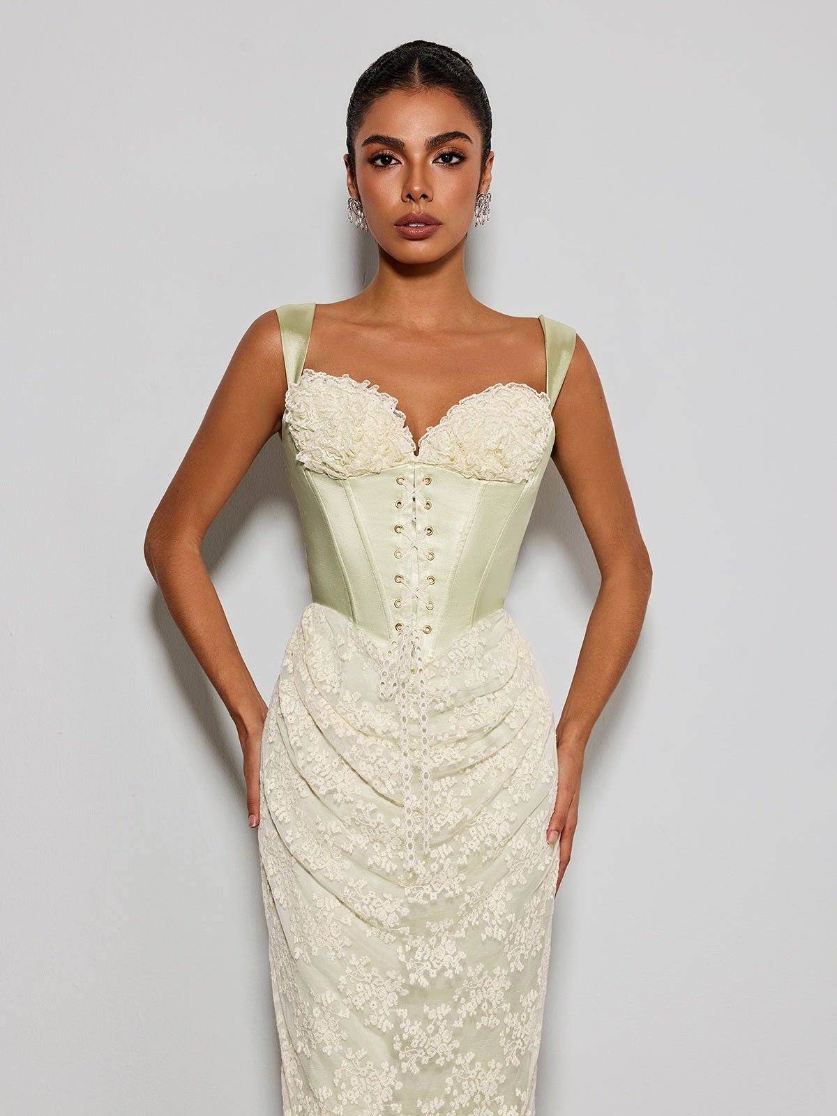 Estacia Corset Lace Satin Midi Dress