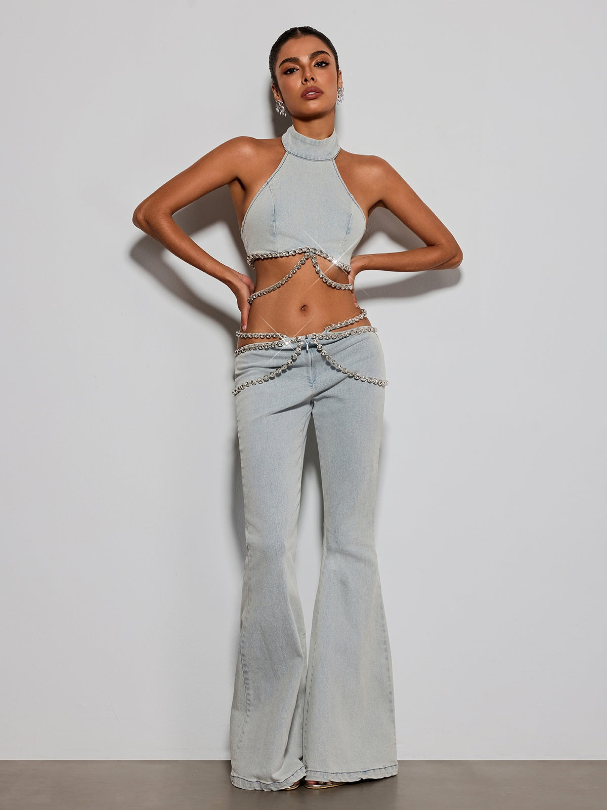 Ethelda Halterneck Rhinestone Denim Pants Set