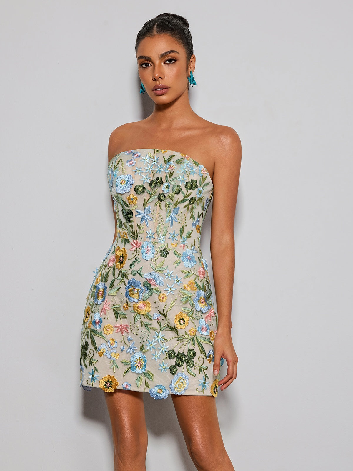Eudocia Strapless Flower Embroidered Mini Dress