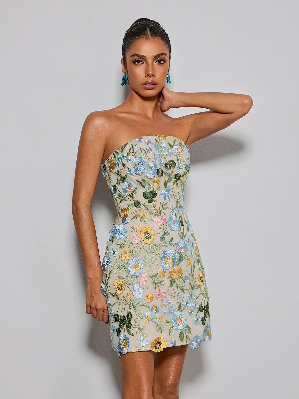 Eudocia Strapless Flower Embroidered Mini Dress